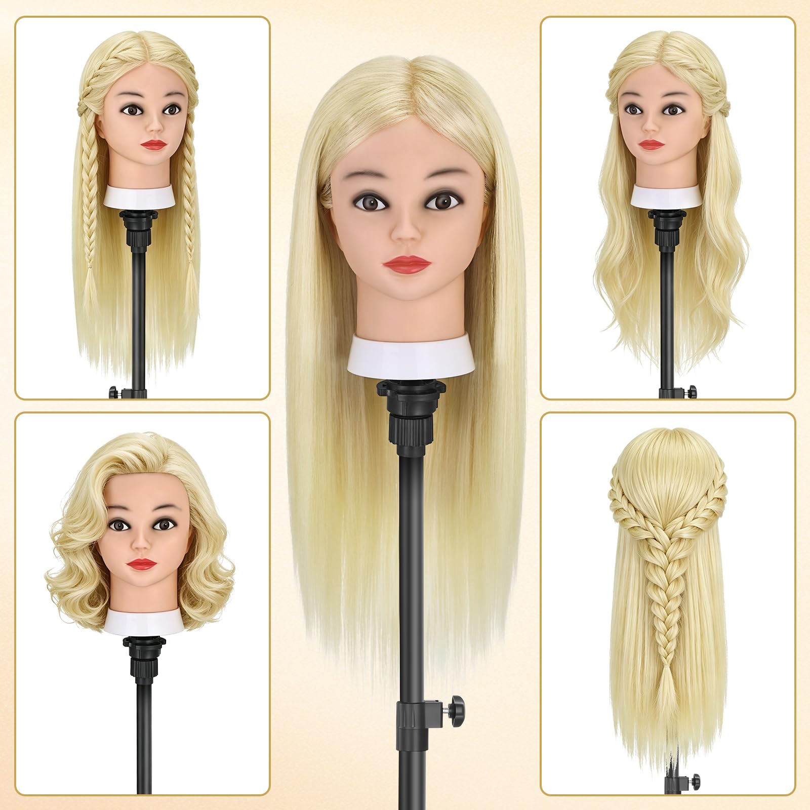 TwoWin Testina Parrucchiere con Capelli 80% Naturali - 26 Pollici /66 cm Manichino per Formazione Acconciature con Morsetto e Kit Extension (Biondo) - 5
