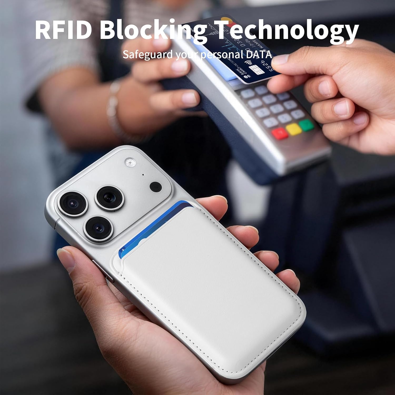 Magnetic Wallet Phone Card Holder for Phone Case with Mag-Safe, Stronger Magnetic RFID Leather Phone Wallet Stick on Series of iPhone 17/16/15/14/13/12 and Pro/Promax, Pearl White thumbnail