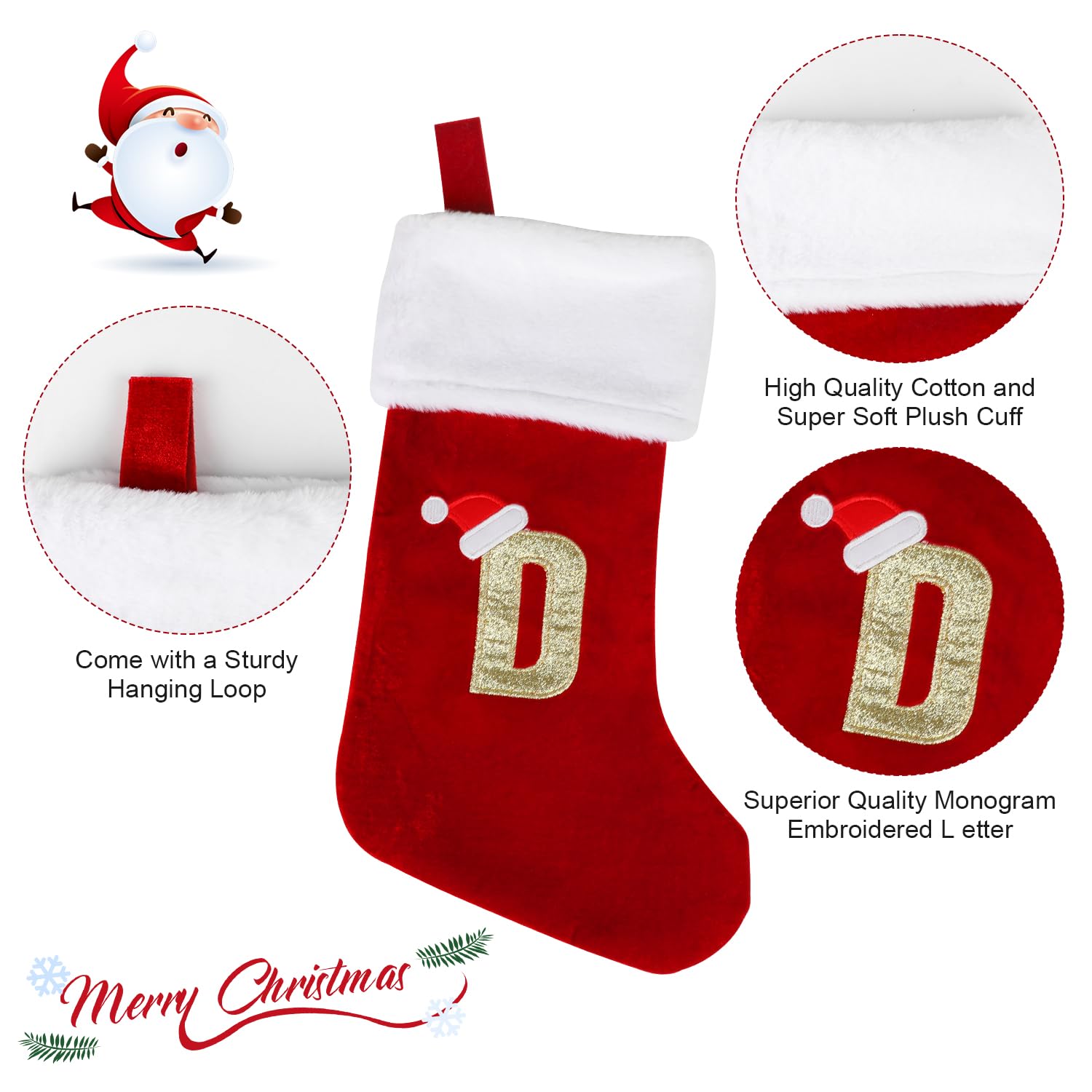 VEYLIN Christmas Stockings with Letters- 20 Inch Plush Christmas Stockings Large Embroidered Stockings Xmas Stockings for Kids/Adult Red Letter(D) - Image 3