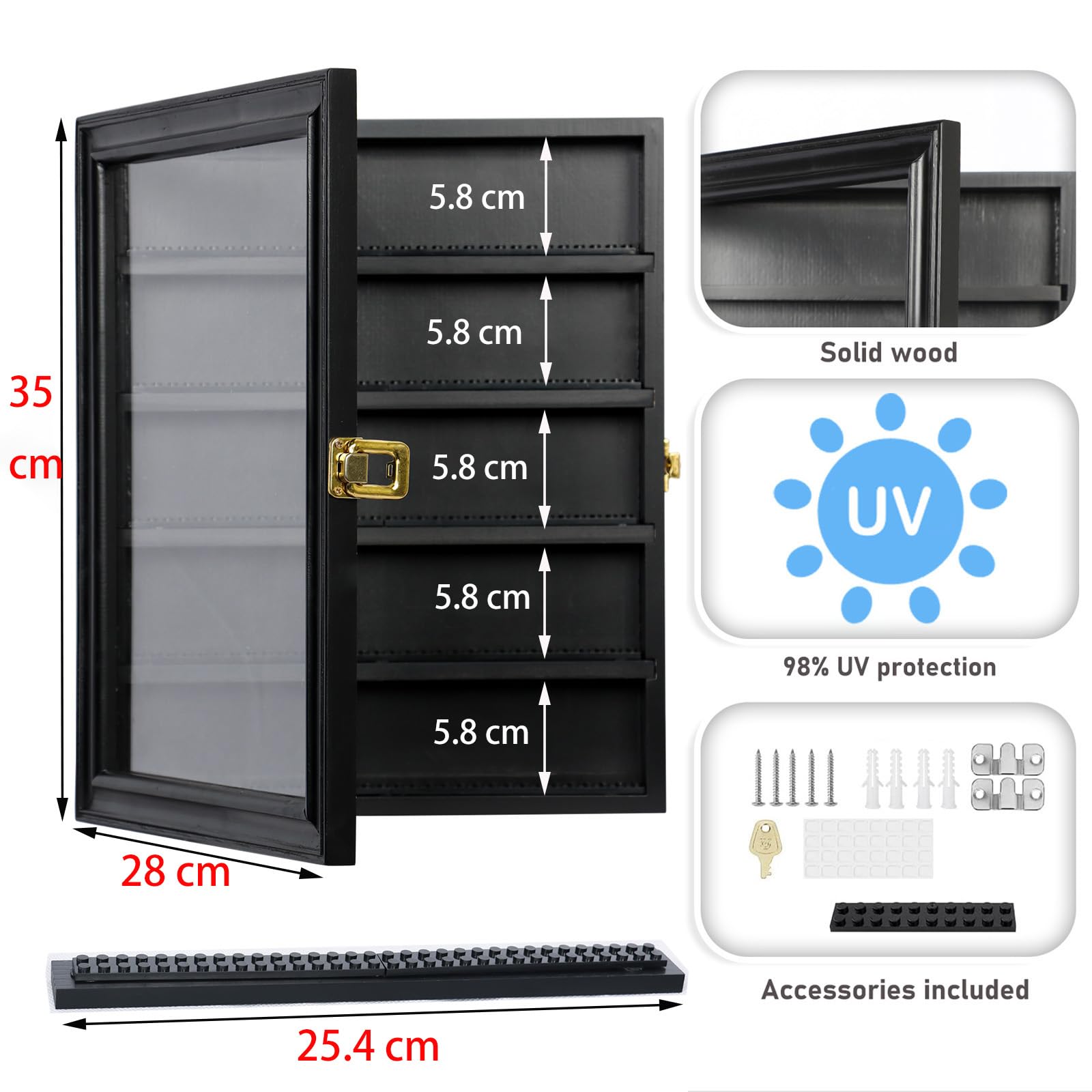 Joody Vitrine pour Mini Figurine Collection, Vitrine Murale en Bois pour Lego Minifigures, Vitrine avec Porte Verrouillable pour Petits Objets, Anti-Poussiere pour Jouets, Noir