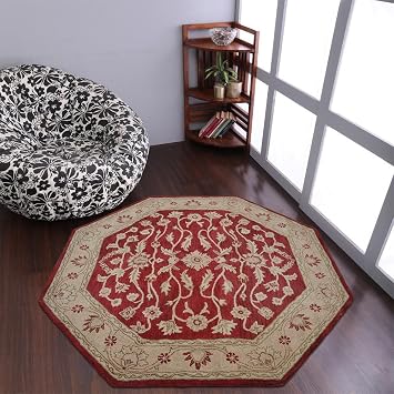 Hand Tufted Wool ECO-Friendly Area Rugs - 6x6, Octagon Shape, Red Gold Color, Oriental Traditional Design, High Pile Thick Handmade Anti Skid Area Rugs for Living Room, Bed Room K00531
