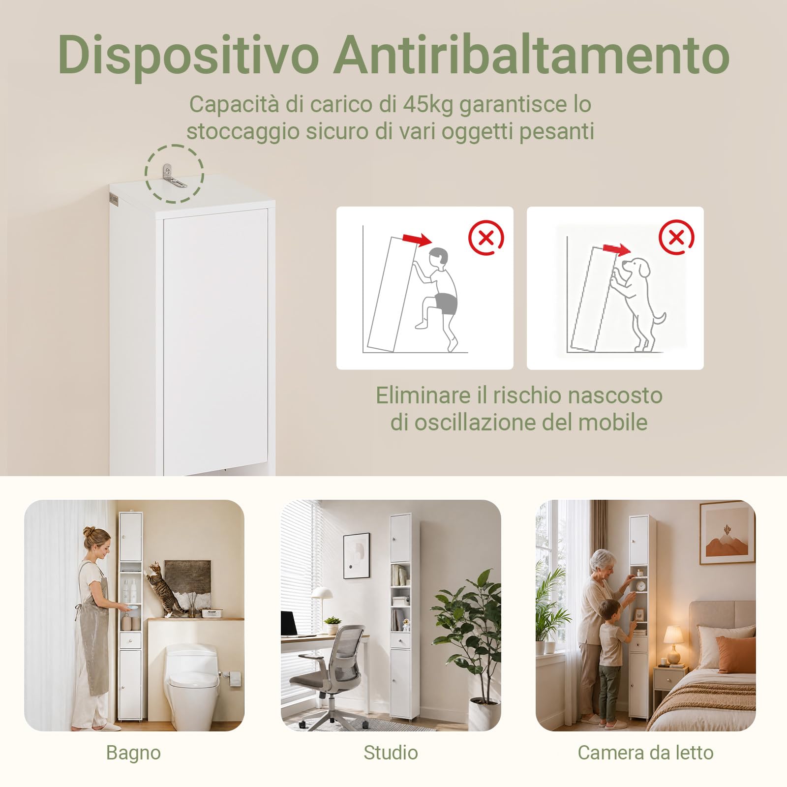 SoBuy Mobile Bagno Alto e Stretto, Mobiletto Bagno Salvaspazio Mobiletto a Colonna da Terra con Ripiani Regolabili e Cassetto Armadietto per WC e Lavanderia 20×20×180 cm Bianco BZR34-II-W