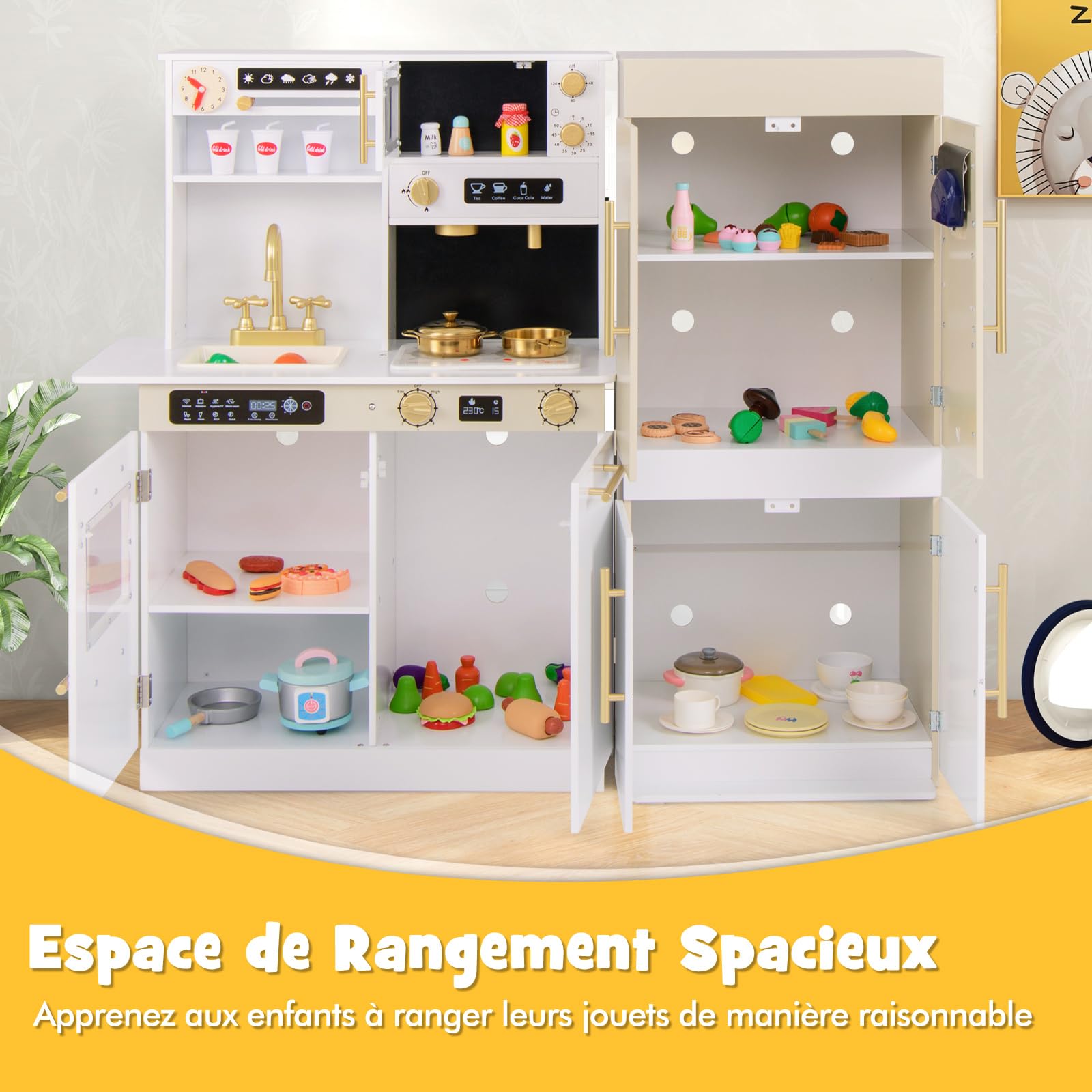 COSTWAY Cuisine Enfant avec Réfrigérateur, Tableau Mural Parlant Éducatif, Cuisine en Bois Enfant avec Lumières et Sons, Cuisinière, Cafetière, Micro-Ondes, Horloge, pour Garçons Filles 3+ Ans