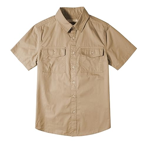 Tronjori Boys Short Sleeve Button Down Casual Woven Shirt Two Pockets - 12 - Beige