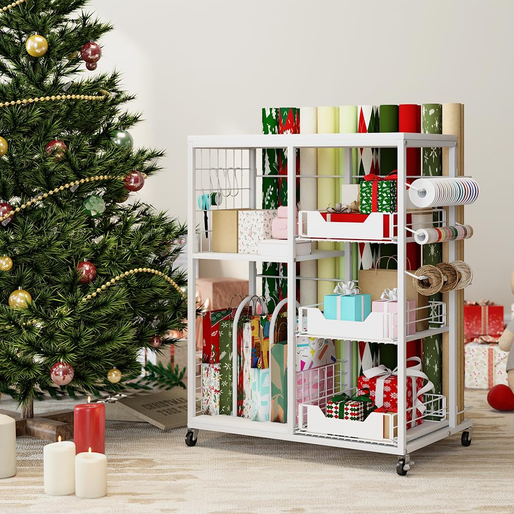 LUCKUP Rollen-Geschenkpapier-Organizer-Wagen – Geschenkpapieraufbewahrung mit Rollen, 20 Rollenhaltern, 3 Schubladen & Bandspender, Bastelorganizer für Weihnachten, Geburtstage, Weiß