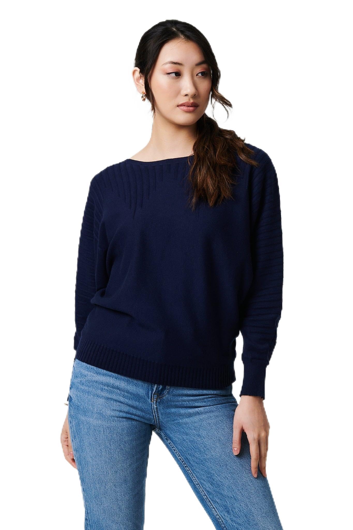 Izabel London Women's Navy Stripe Texture Boat Neck Boxy Fit Jumper For Uk With A Relaxed Fit, Made From Viscose Blend. Size 8-10