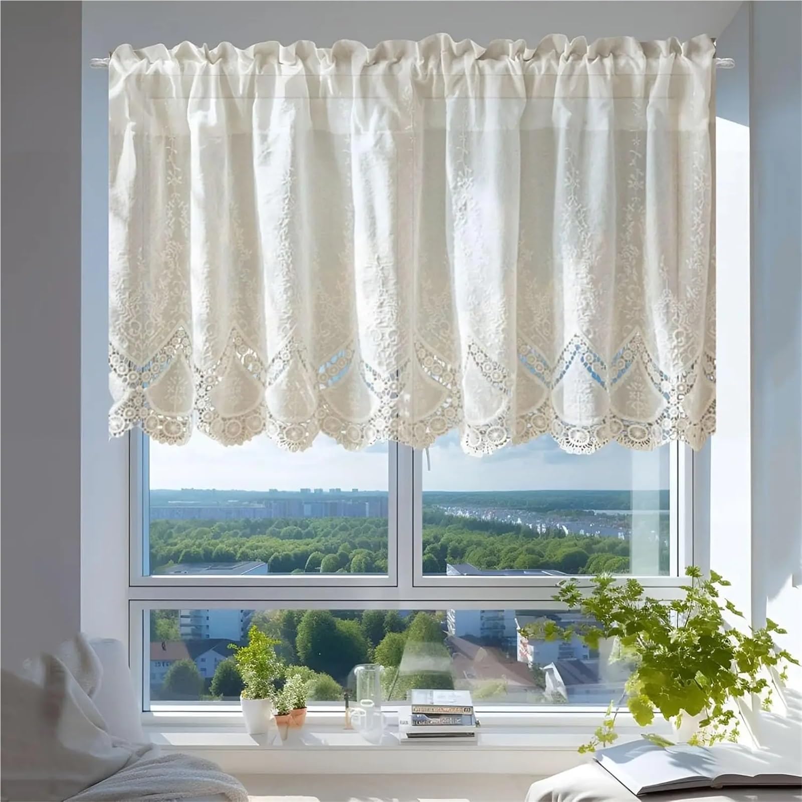 Tende Corte Tenda in cotone stile fattoria, elegante tendaggio for finestre in pizzo floreale, bianca corta for libreria da cucina e camera da letto(W200xH110cm)