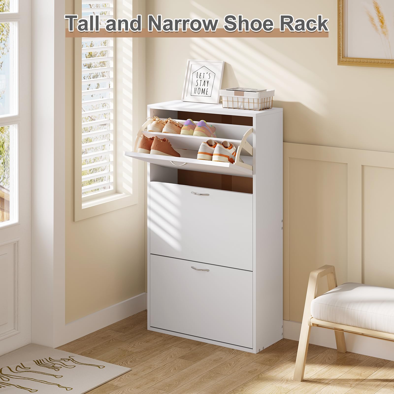 Meuble à Chaussures 3 Tiroirs Rabattables - Style Cannage Blanc - Pieds Métal Doré - 80x118cm