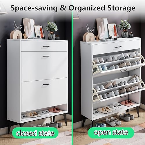 Miniatura 6 de ODUWA Armario de zapatos para entrada, gabinete de almacenamiento estrecho de madera moderno para zapatos con 2 cajones abatibles y estante abierto