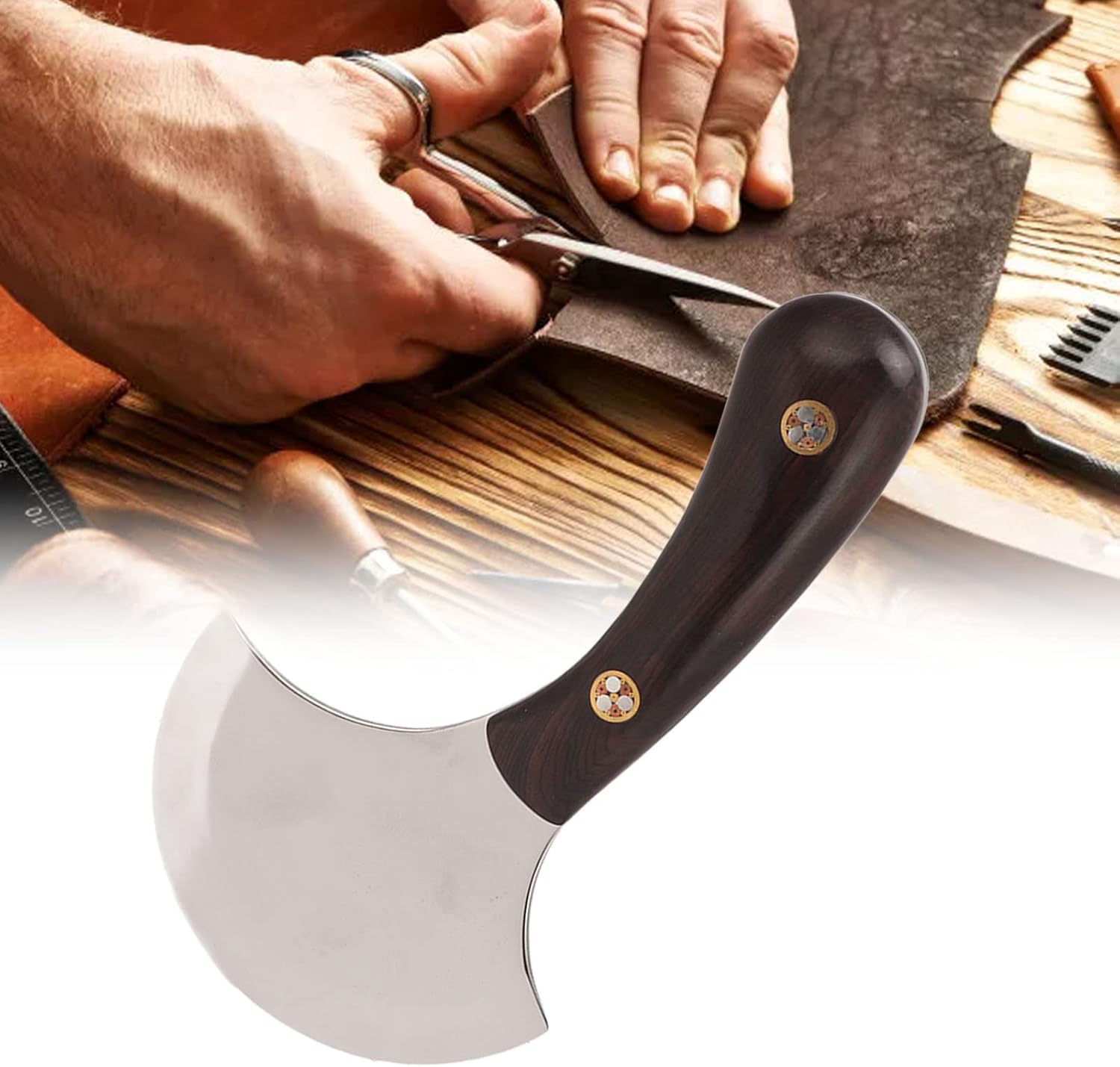 Leather Skiving Round Knife, Leather Working Round Knife Vintage Wood Grain DIY Incisive Blade Ebony Handle for Crafts