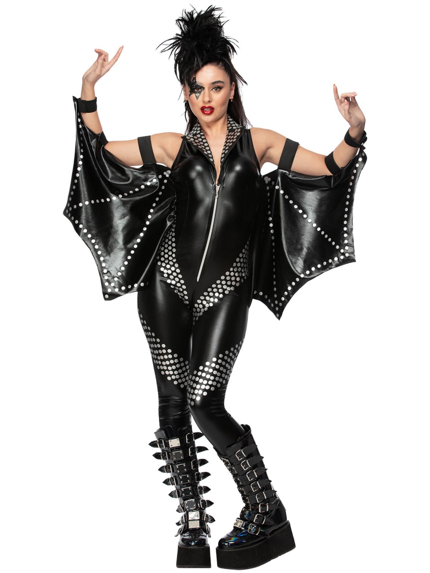 Smiffys Fever Rockstar Jumpsuit, Women's Black Faux Leather All-in-One Costume with Stud Details and Batwing Sleeves, Glam Rock Fancy Dress for Halloween, Concerts, 80s Parties, Festivals, Medium