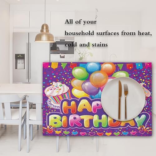 Miniatura 7 de Fun Birthdays - Juego de 4 manteles individuales con textura, lavables, impermeables, para fiestas, hogar, comedor, decoración de mesa de 18 x 12