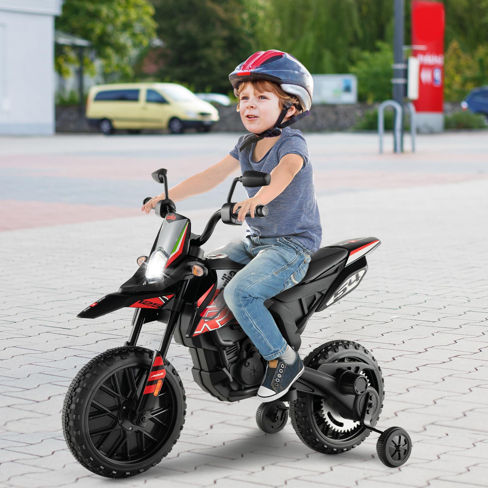 GOPLUS 12V Aprilia Elektro Motorrad, Kindermotorrad mit 2 Stützrädern & Scheinwerfer & Musik, Kinderfahrzeug mit Doppelmotoren & Stoßdämpfer, 5,5-6 km/h, für Kinder von 3-8 Jahren (Rot)