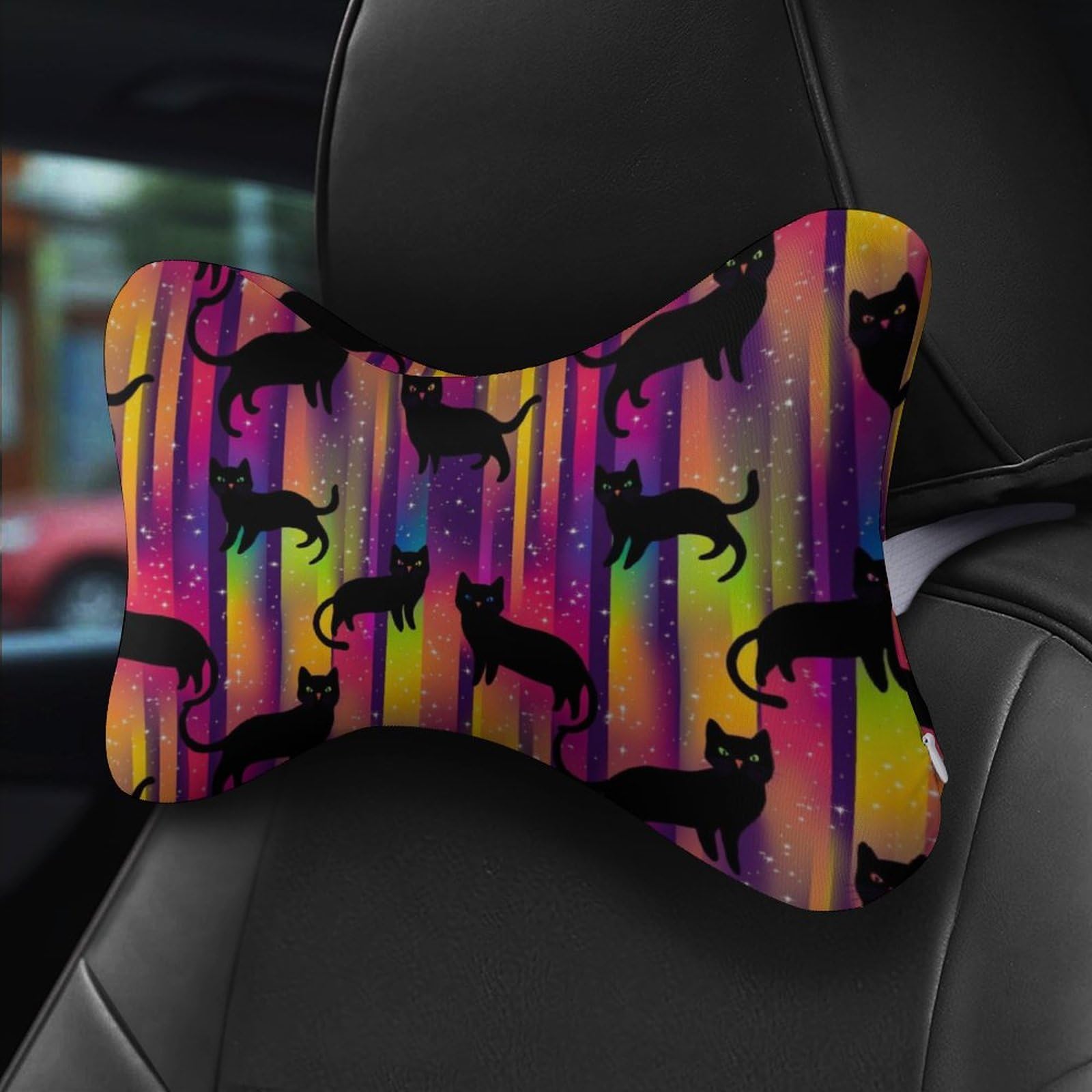 SMAZDFXX Halloween Neon Black Cats Car Neck Pillow Set of 2 Car Seat Head Support Cushion Bone Pillows with Elastic Strap