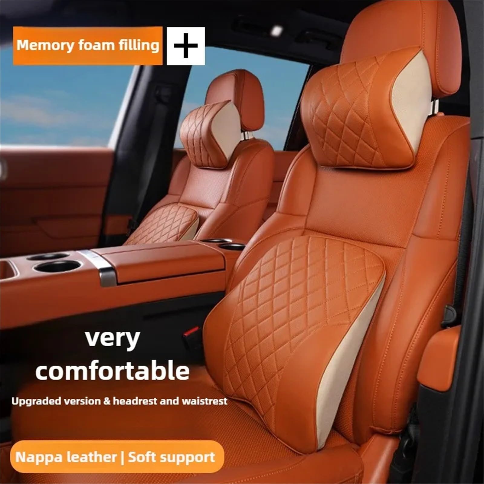 POQUWJDA Car Seat Neck Coussin de Nuque en Cuir Nappa pour Voiture, Appui-tête Mousse à mémoire Forme, Support Lombaire, Accessoires siège Sleeping Headrest(Beige -Waist Pillow)