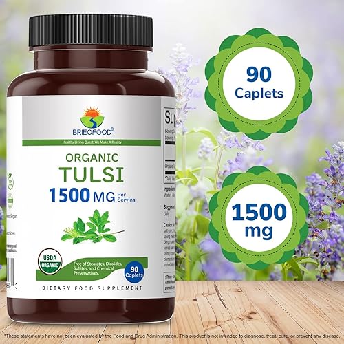 Miniatura 6 de Brieofood Tulsi Orgánico (albahaca sagrada) 1500 mg, 45 porciones, vegetariano, sin gluten, 90 tabletas vegetarianas