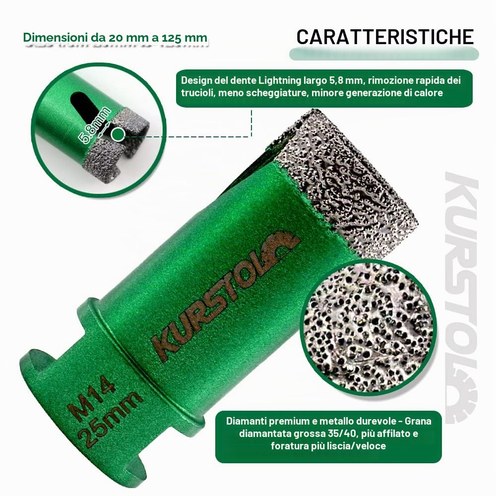 Punte Diamantate per Gres Porcellanato 90mm - Sega a Corona Brasata al Vuoto con Filetto M14 e Dente Fulmine - per Porcellana Piastrelle Ceramica Marmo Granito