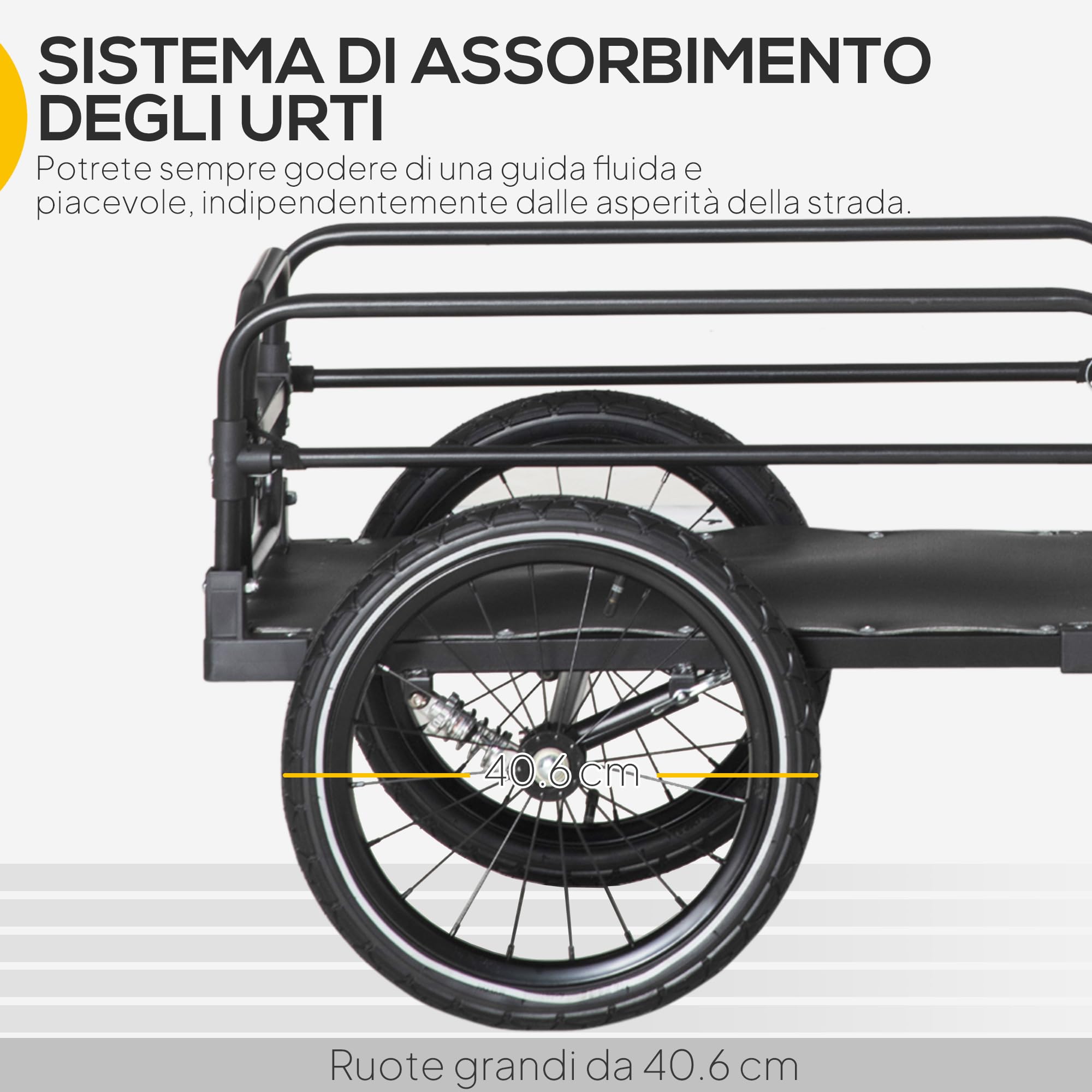 HOMCOM Rimorchio per Bicicletta da 70L con 2 Ruote da 40 cm, 2 Catarifrangenti e Bandierina, Carrello Bici in Acciaio e PE, Capacità di Carico 40kg, 125x64x53.5 cm, Nero