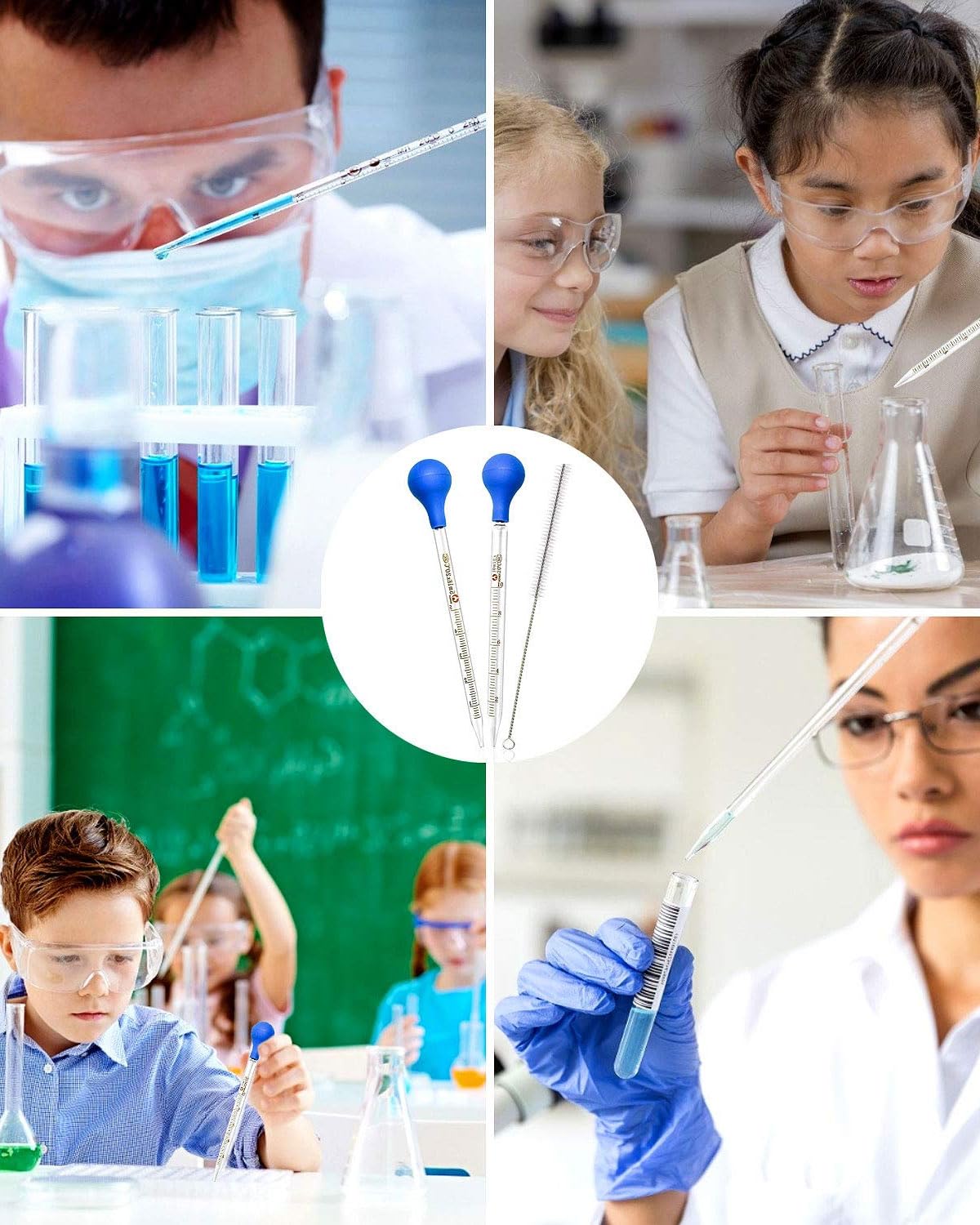 2 x pipety z zakraplaczem do płynów, pipety szklane 10 ml, pipety pomiarowe z pędzlem, pipety pomiarowe, pipety z zakraplaczem do laboratorium, badań, medycyny, szkoły