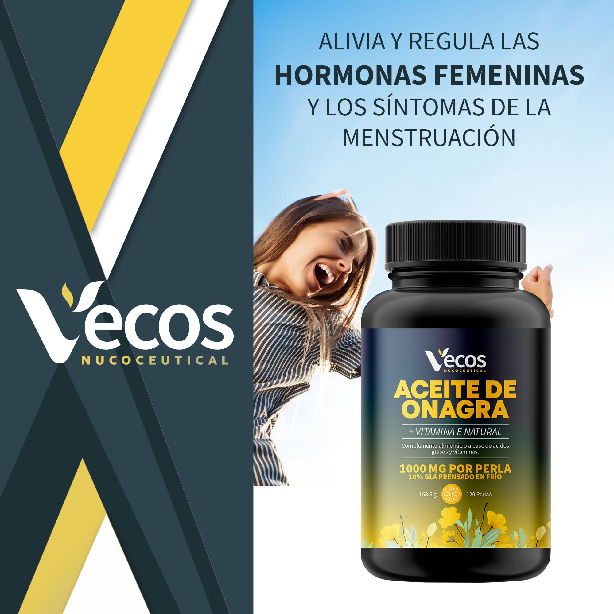 Aceite de Onagra 1000mg con 10% GLA prensado en frio y enriquecido con Vitamina E Natural - Alivia síntomas de la Menopausia - Sin Gluten ni azúcares añadidos