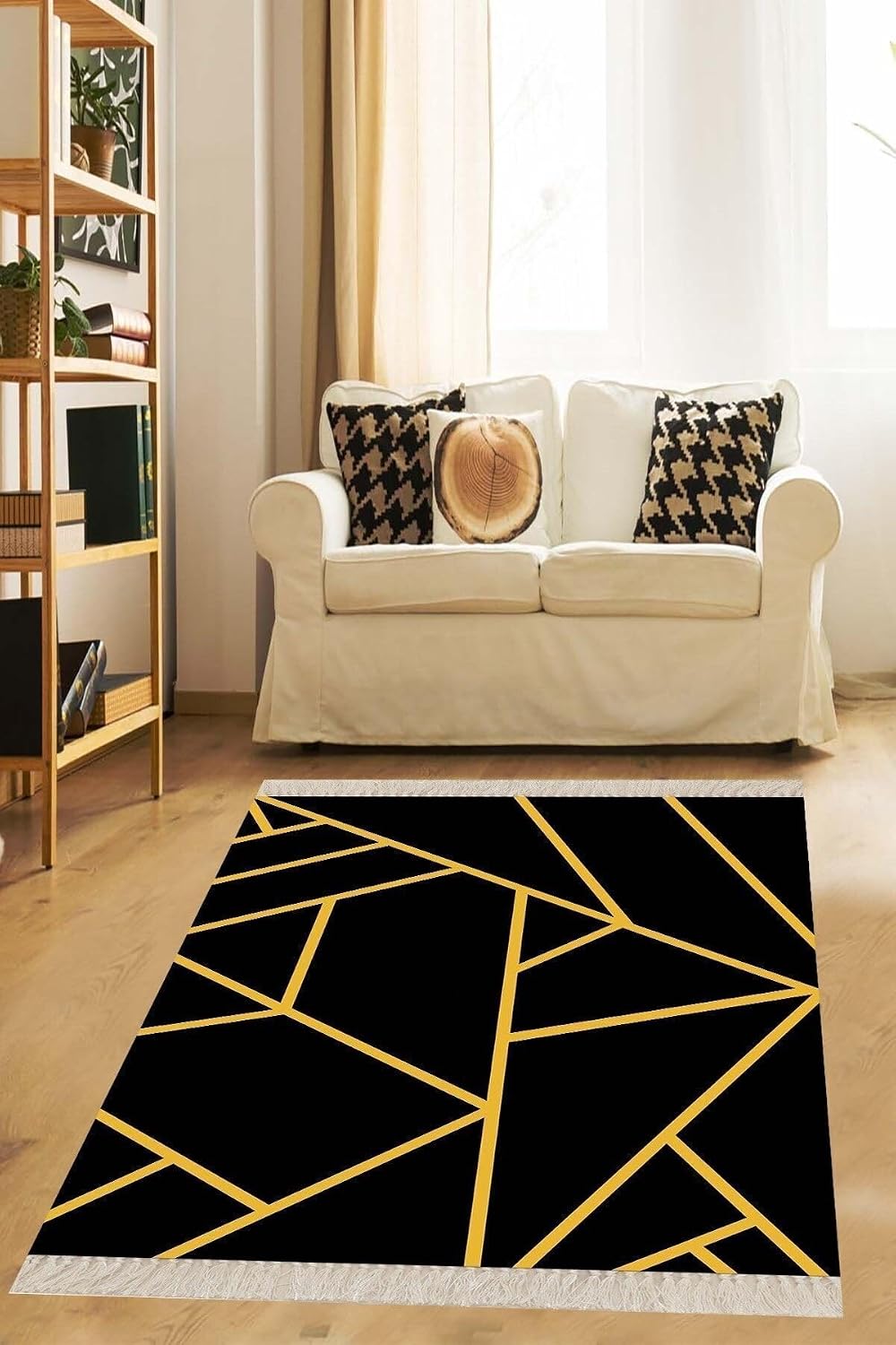 Pelangi Gold Çizgili Siyah Geometrik Desenli Dijital Baskı Yıkanabilir Modern Salon Halı ve Yolluk, Gold-Siyah 80 x 150