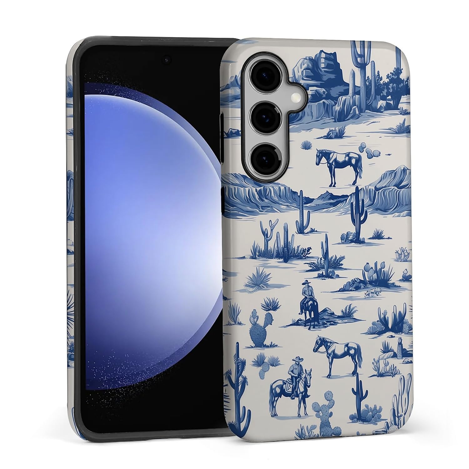 do Samsung Galaxy S25 etui, hybrydowe 2-warstwowe silikonowe ochronne błyszczące etui dla dziewcząt kobiet do Samsung Galaxy S25 zachodni kowboj koń krowa pustynia kaktusy wzór