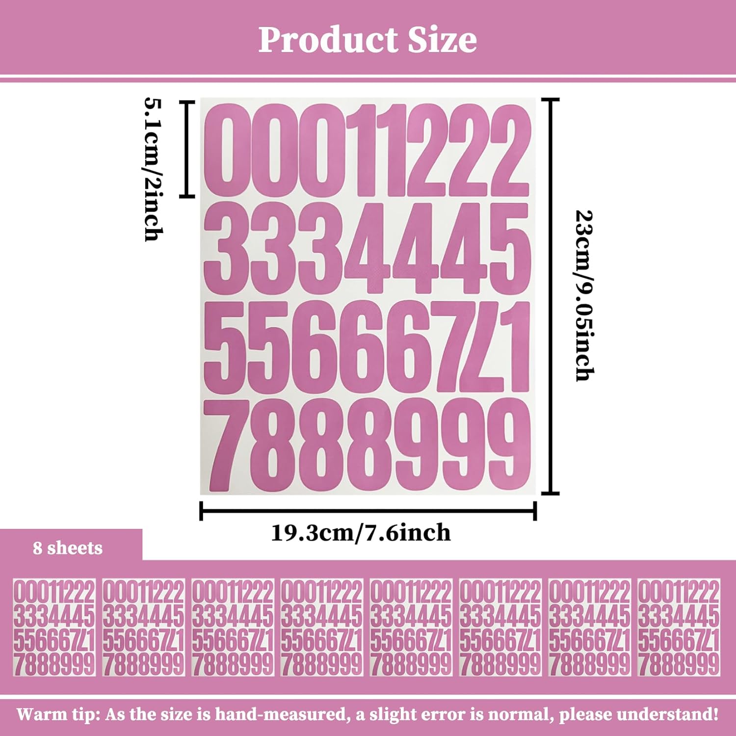 240 Numbers,2-Inch Self-Adhesive Vinyl 0-9 Number Decals Sticker for File Folder, Mailbox,Storage Box, Organizer,Removable,8 Sheets Pink