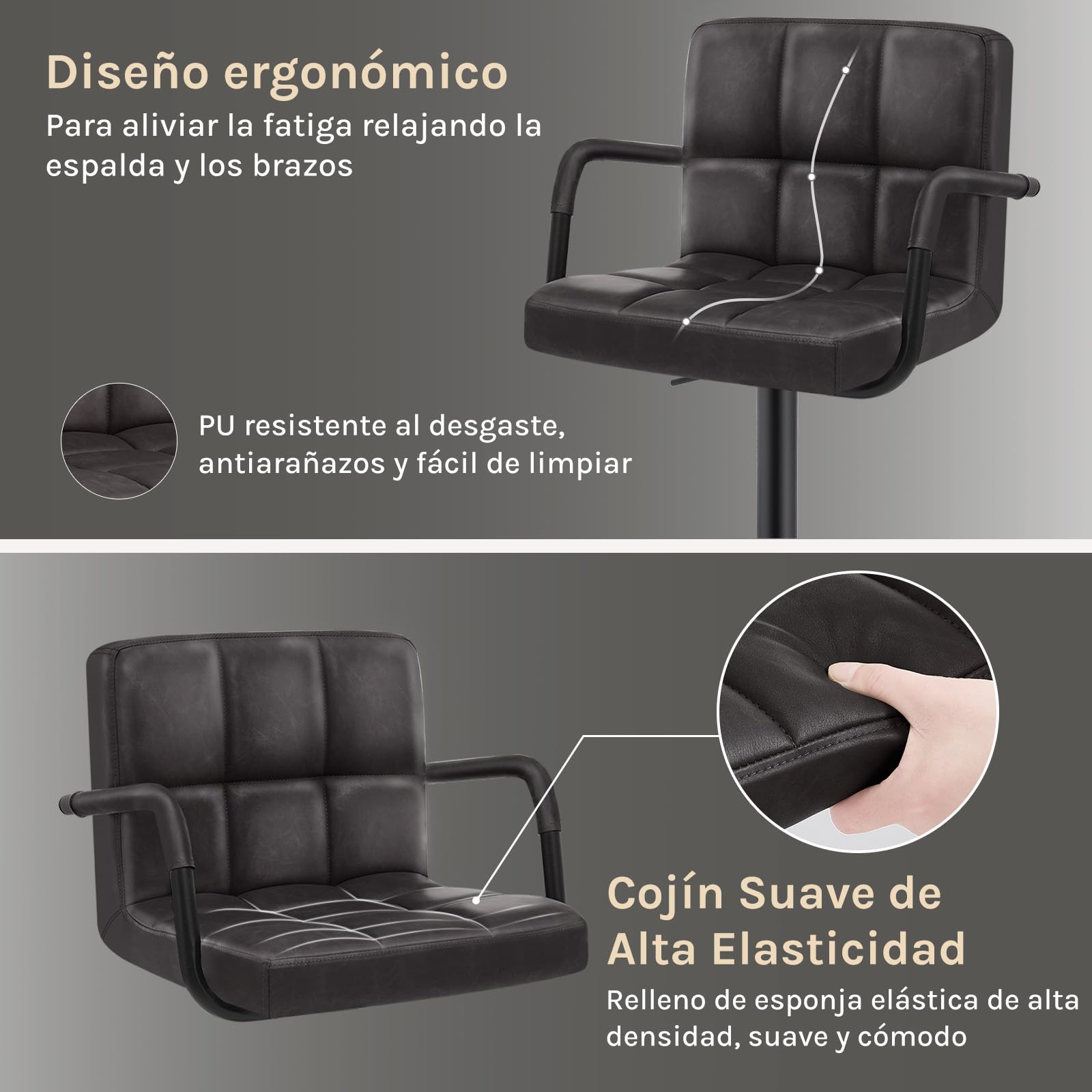 WOLTU Taburete de Bar Giratorio, Taburete Alto Cocina con Reposabrazos y Reposapies, para Bar Barra Cocina Salon, Piel Sintética, Antracita