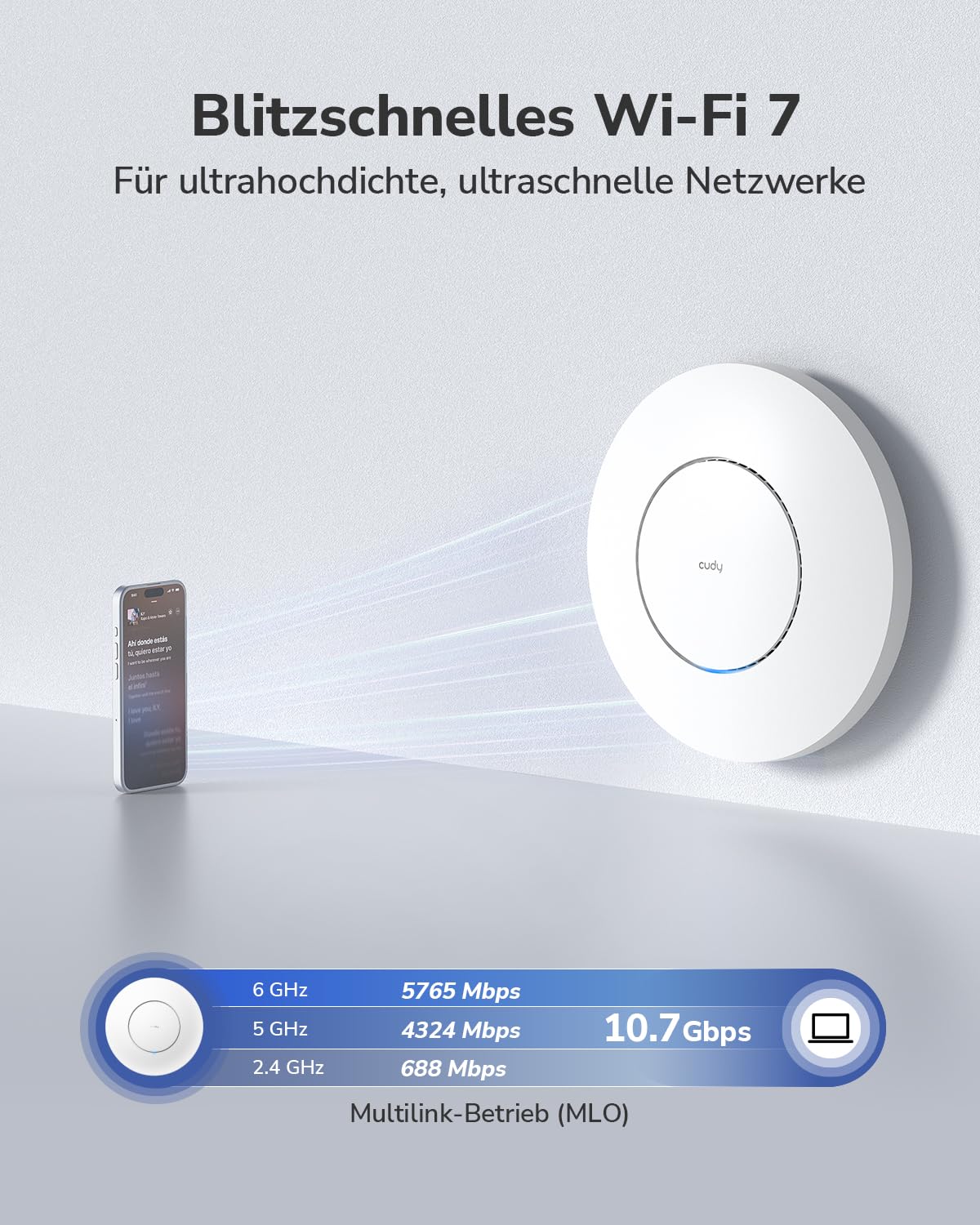 Cudy BE11000 Tri-Band Wi-Fi 7 Access Point, 10G SFP+, 1x 2.5GbE, AP11000 | 11000 Mbit/s, 140 m², 300+ Clients, Decke/Wand, Multi-SSID, Captive Portal, Cloud, VPN