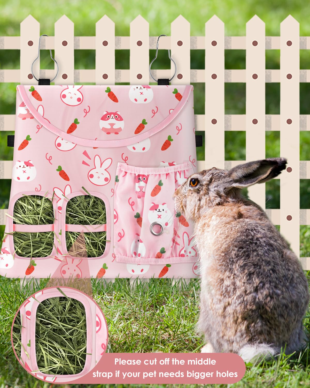 Bissap 2PCS Rabbit Hay Feeder Bag, 2 Holes Hanging Hay Feeder Guinea Pig Hay Bag for Rabbits Bunny Chinchillas Hamsters Rats and Other Small Pets Small Animal - Pink & Beige - image 4