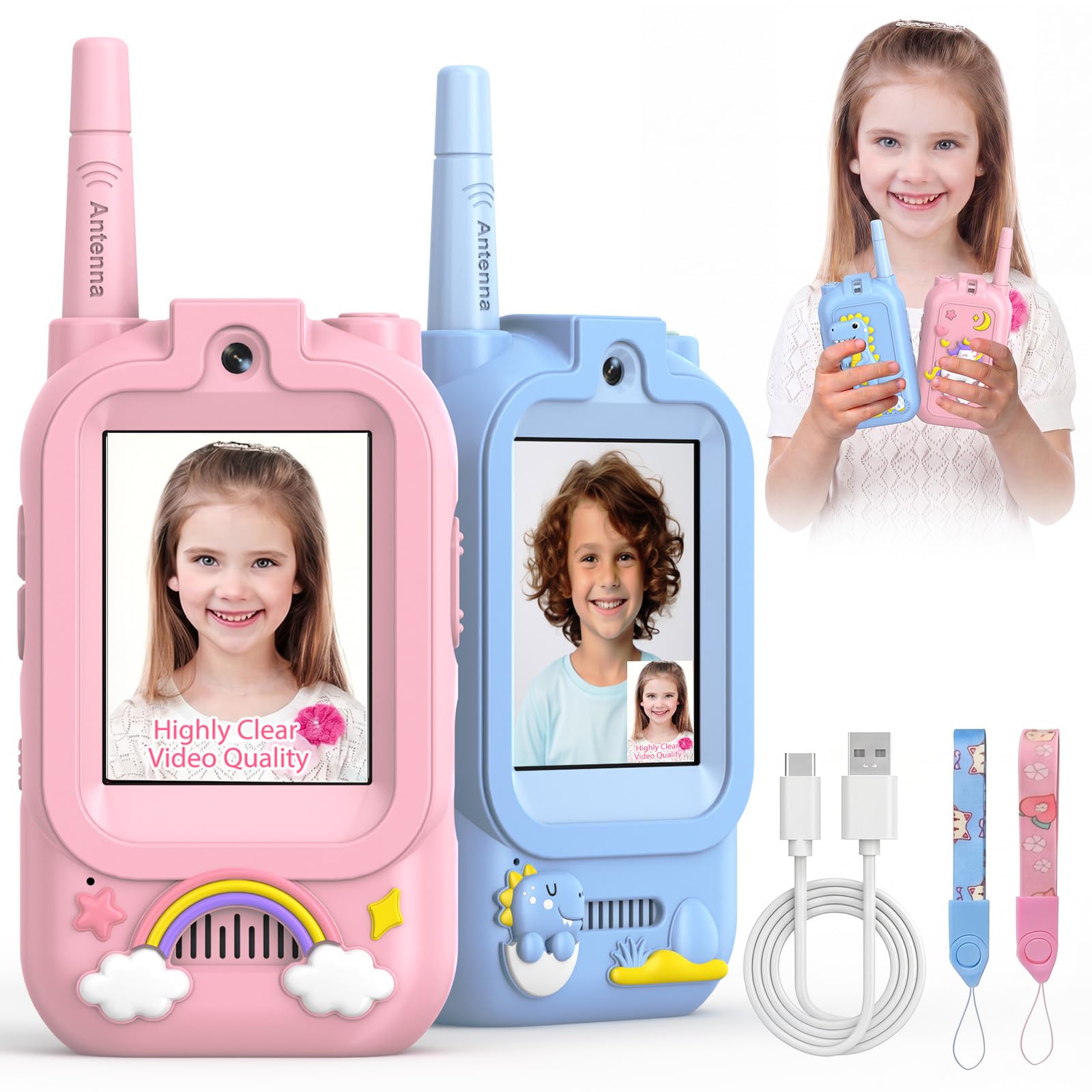 Walkie Talkies for Kids Pack of 2, Rechargeable Long Range Two Way Radios Toys for Boys Girls Age 3-5, Outdoor Adventure Camping Hiking, Birthday with Pink Blue Design