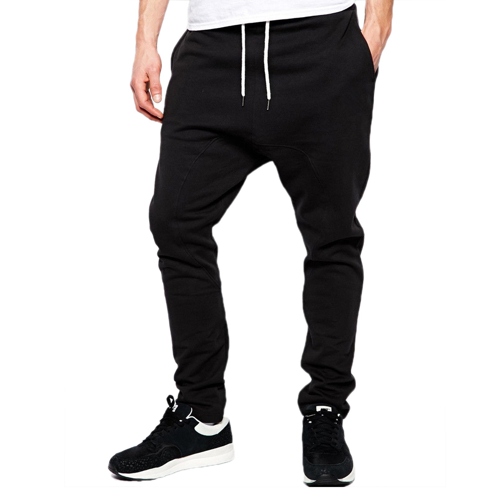 Sufiah Mens Gym Sweatpants Drop Crotch Design Jogging Tracksuit Bottom Drawstring Waist Trousers (S, Black)