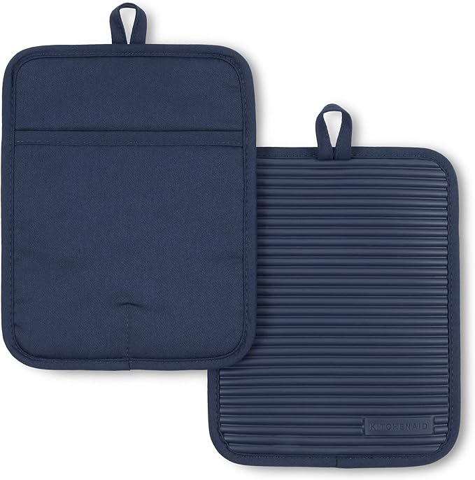 KitchenAid Ribbed Soft Silicone Pot Holder 2-Pack Set, Ink Blue