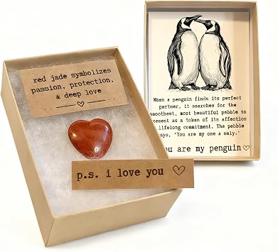 You are My Penguin Red Jade Heart Stone Gift Box Romantic for Couple Engagement or Valentines Day Gifts Symbol of Love & Penguin Gifts for Women or Girlfriend