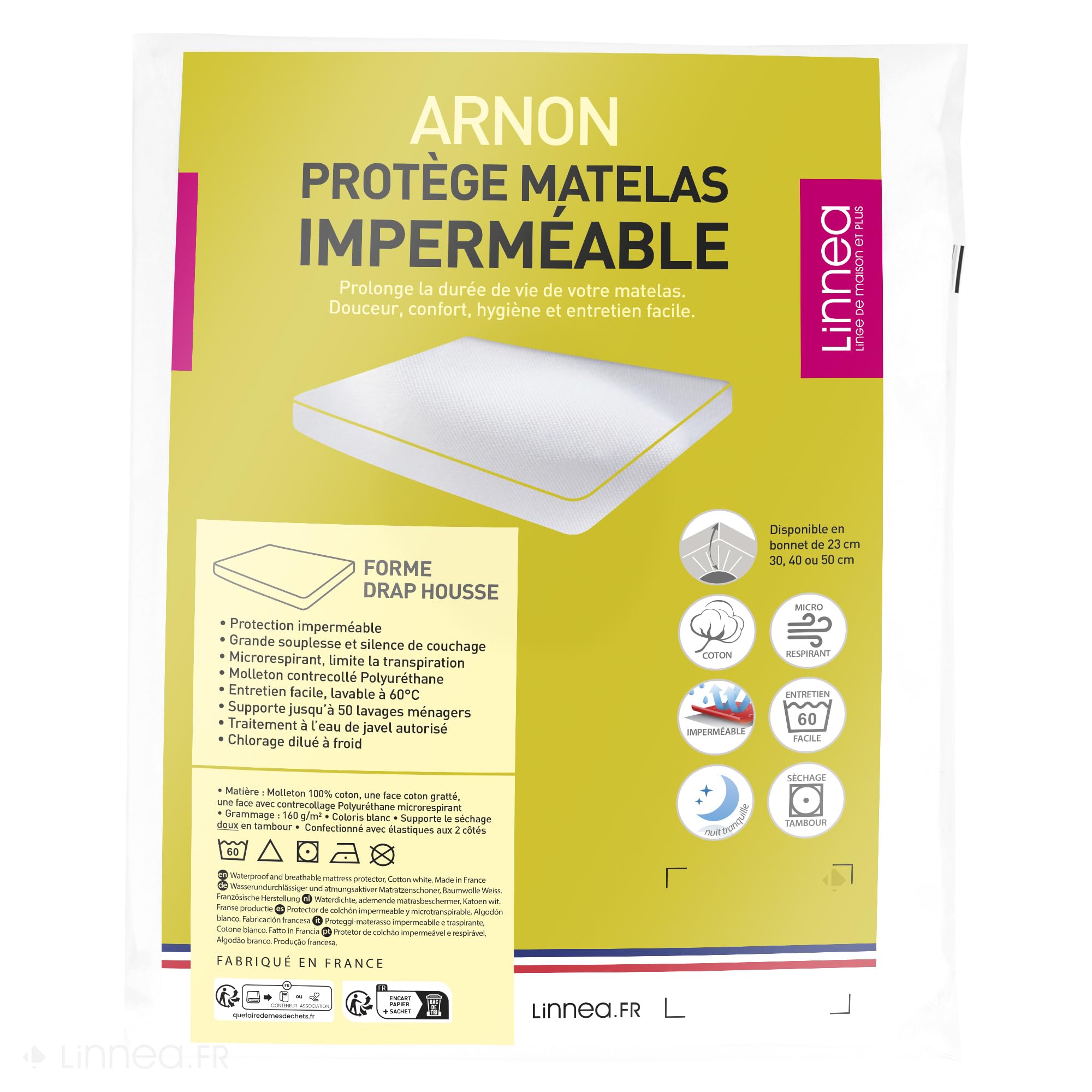 Linnea Protège Matelas imperméable 110x210 cm Bonnet 40cm Arnon Molleton 100% Coton contrecollé polyuréthane