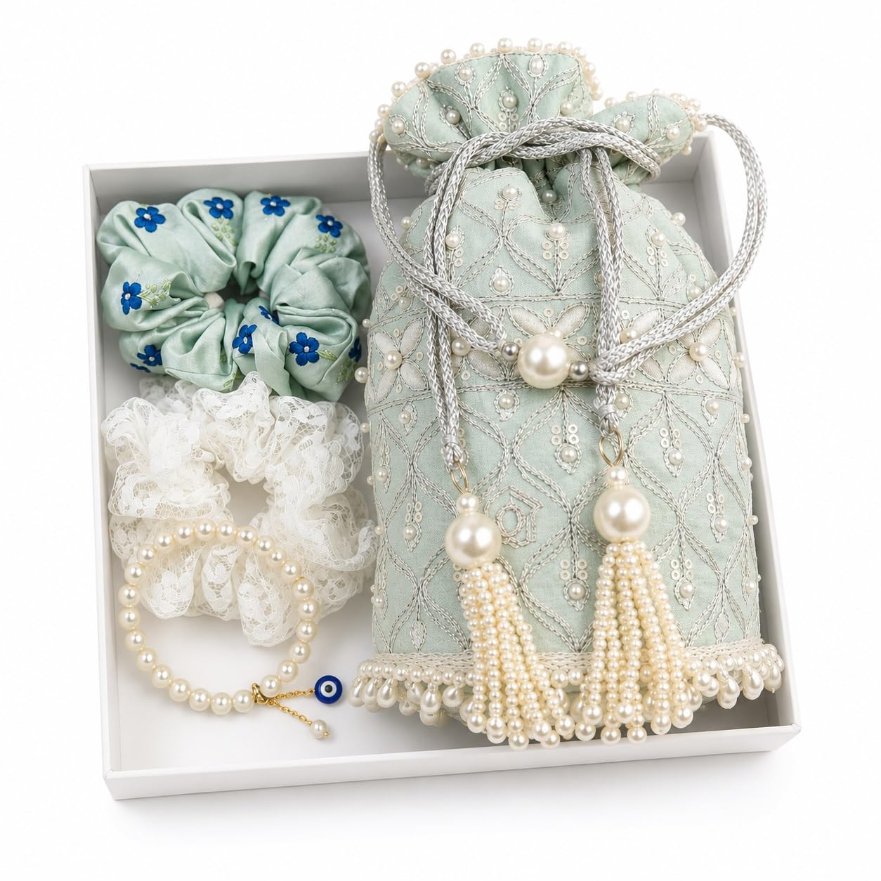 by Q-One Luxury Rakhi Gift Hamper for Her | Embroidered Potili Bag, Floral Scrunchies, Pearl Bracelet | Premium Gift Box for Women, Girls & Sister | Raksha Bandhan Special | Made In India-image-27