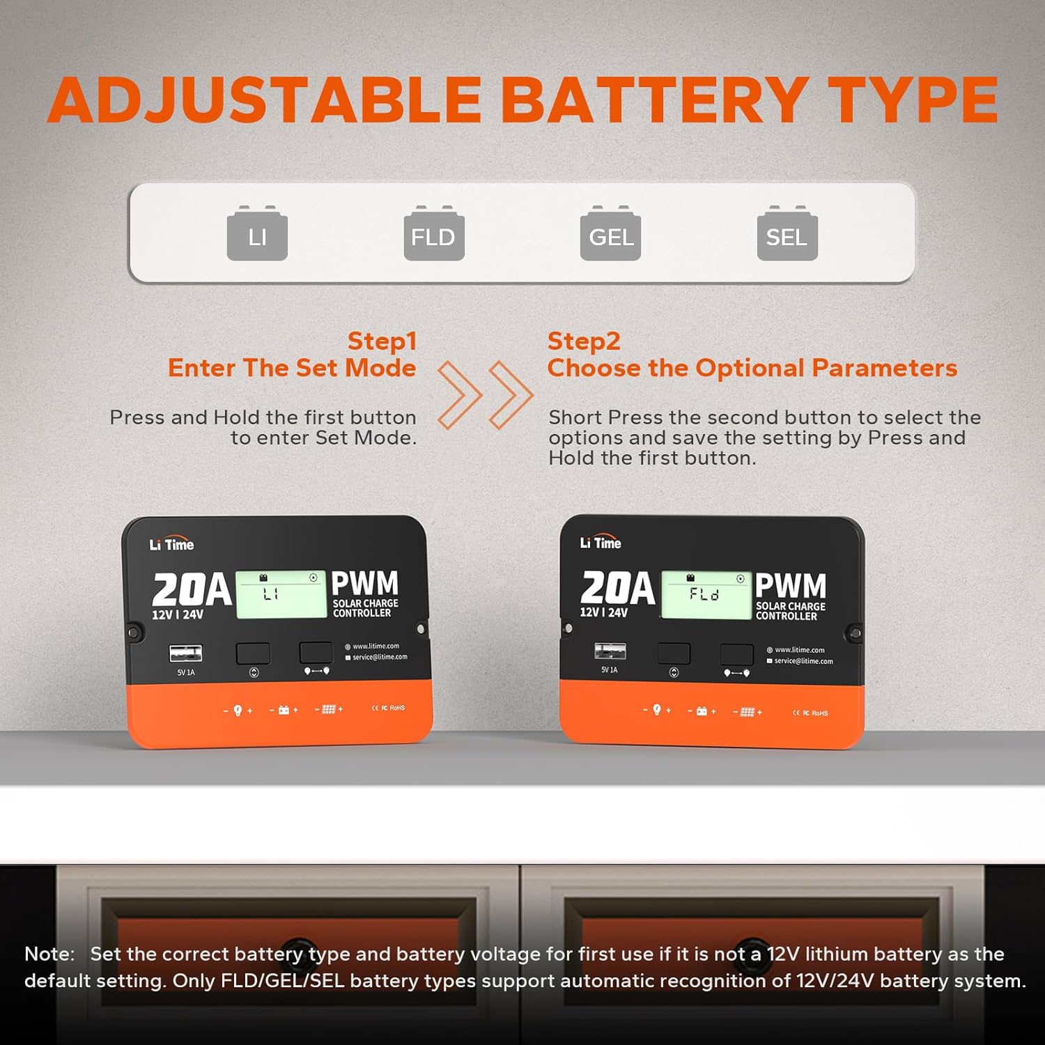 Diagram showing steps to adjust battery type settings on the solar charge controller's LCD screen