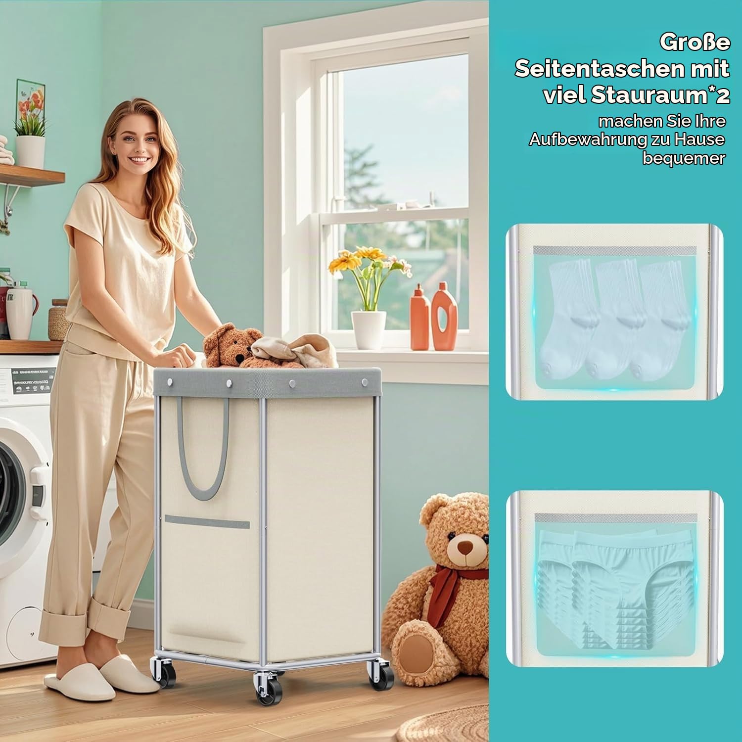JYPS Wäschekorb, 150L Groß Wäschekorb mit Rollen&Griff, Wäschesammler mit Herausnehmbaren Wäschesack, Laundry Baskets Wäschebehälter,Waschesammelbox für Waschküche, Schlafzimmer, Badezimmer (Khaki)