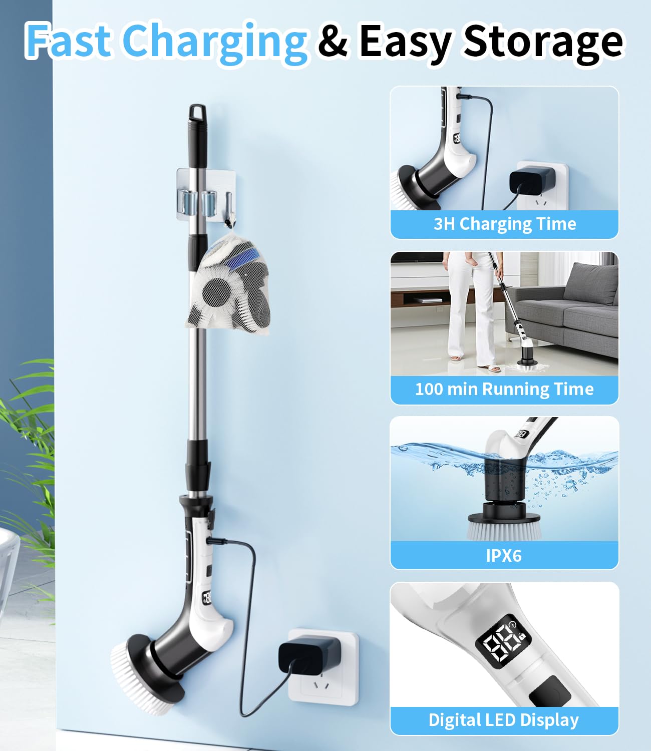 Limpiador giratorio eléctrico con 3 velocidades, mango de extensión ajustable, 8 cabezales de cepillo, cepillo de limpieza inalámbrico para baño, azulejos, cocina, color negro