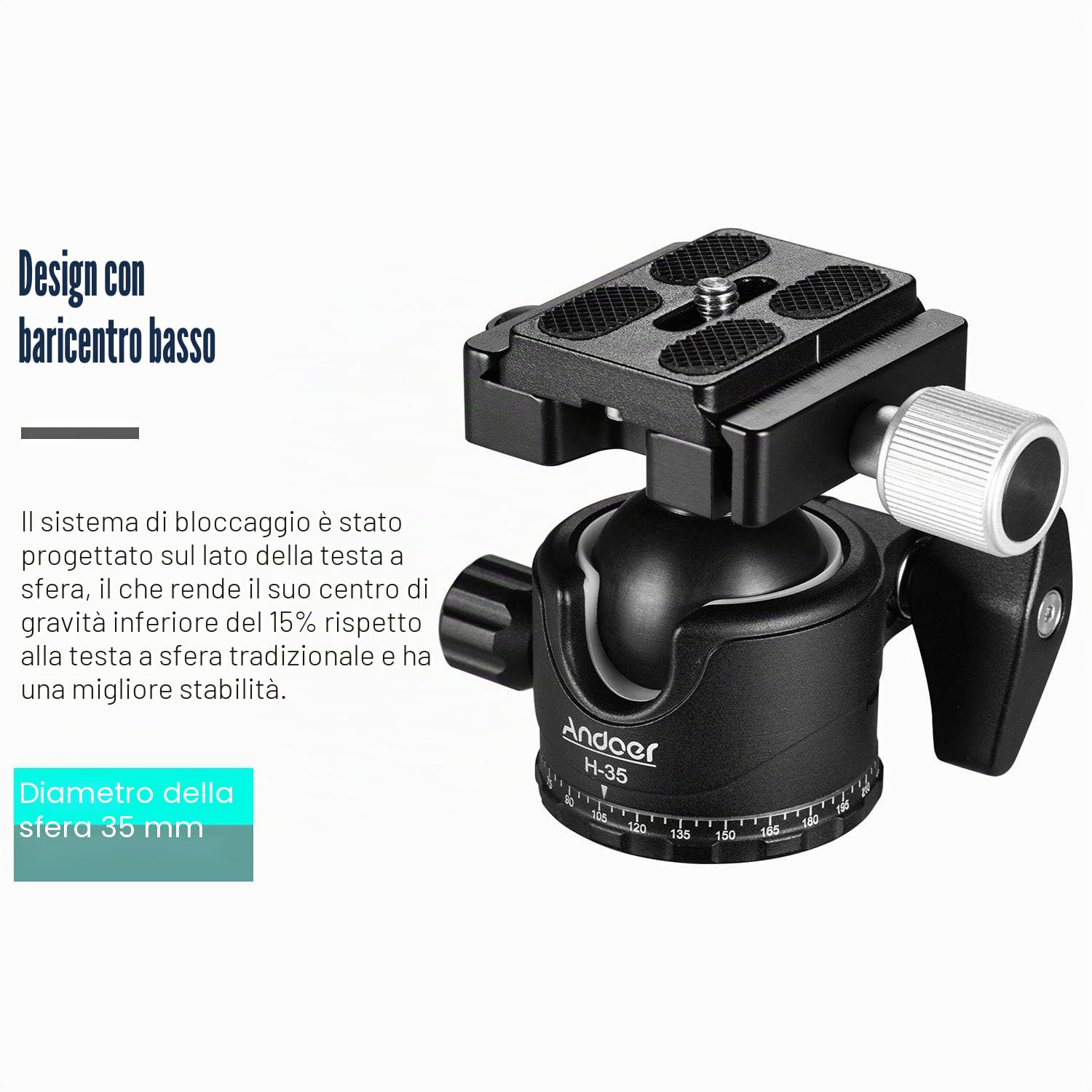 Testa a Sfera Basso Profilo, Andoer H-35 Testa per Cavalletto Girevole a 360 gradi per Monopiede e Treppiede della Fotocamere, Lega di alluminio, Max carico 15 kg con borsa per il trasporto