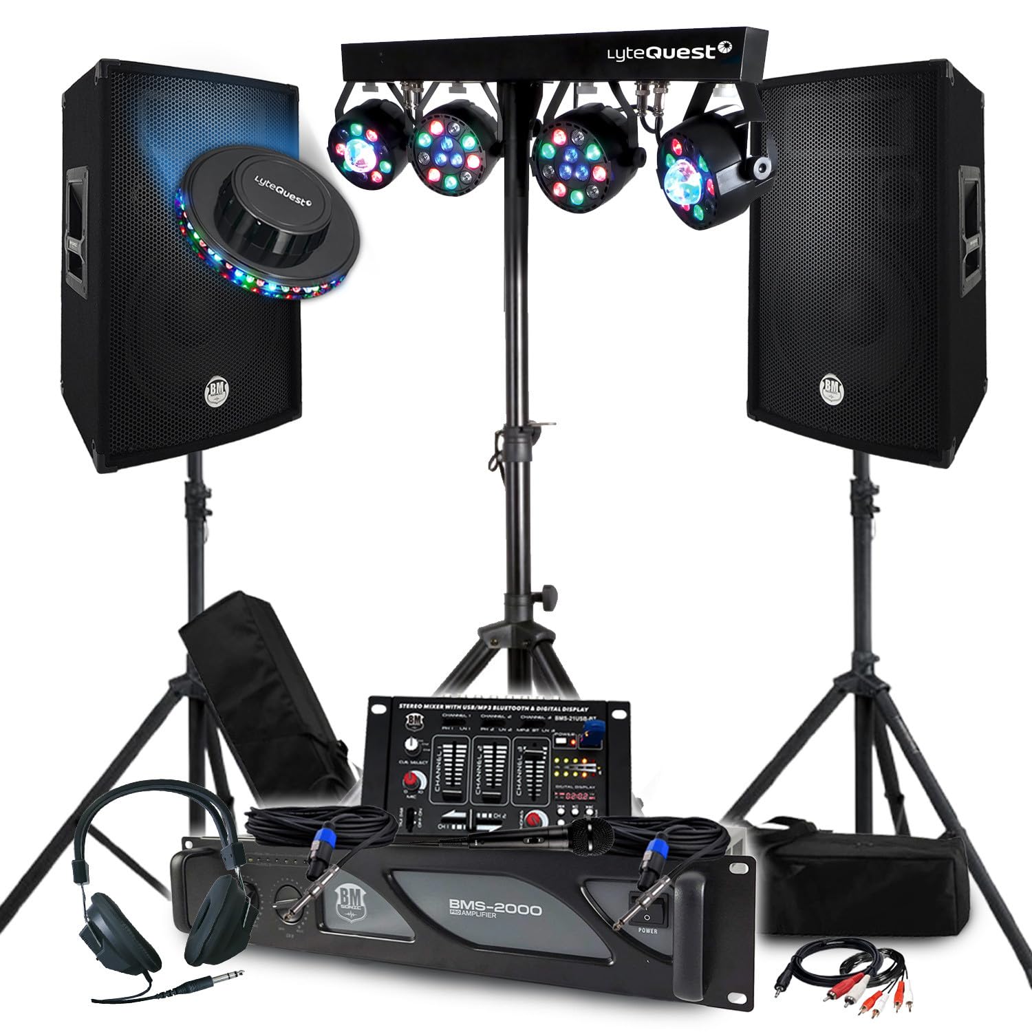 Pack Sono 3200W Complet, Paire d'Enceintes Passives 2x600W, Table de Mixage, Portique 4 Lumières Xperformer + OVNI à LED, Pieds