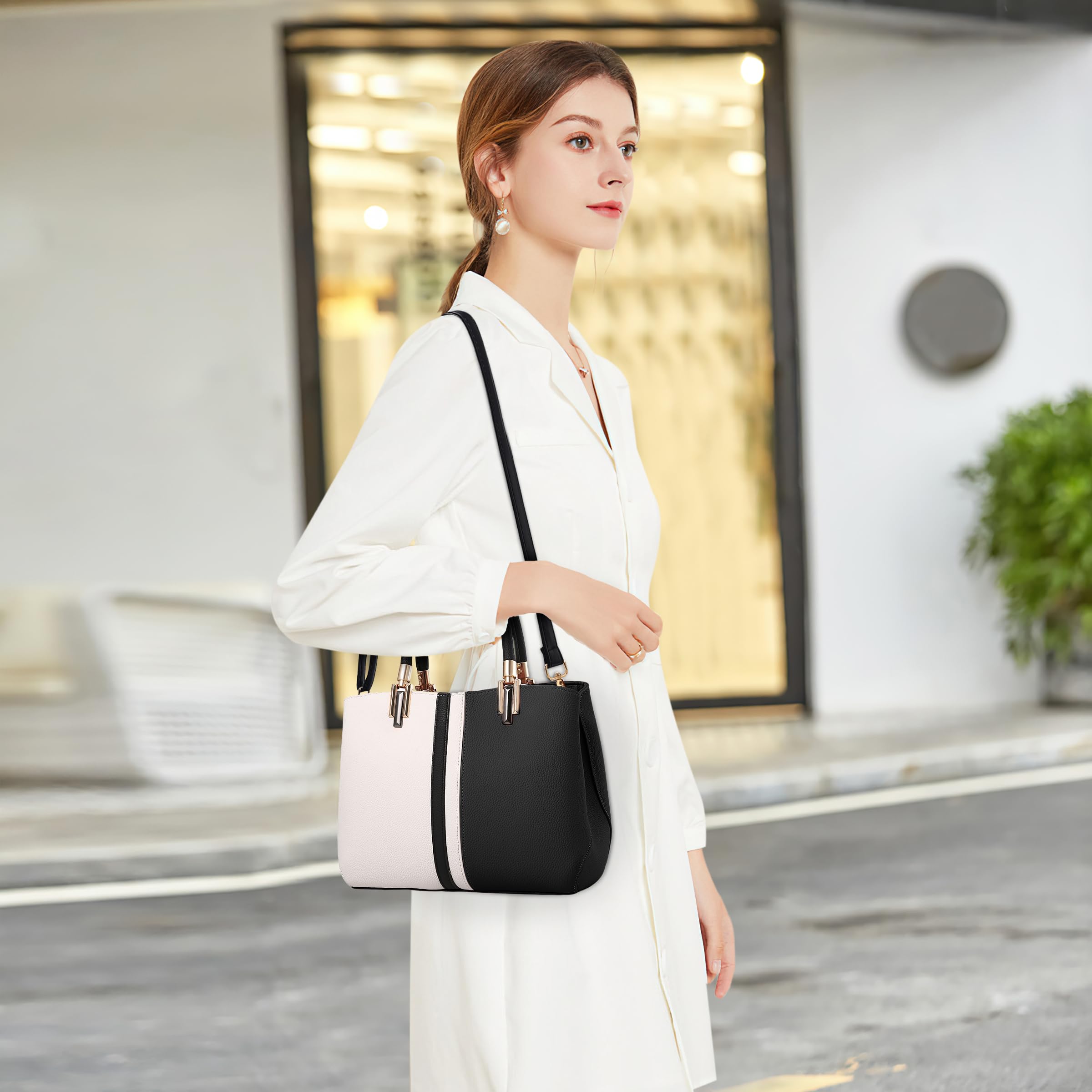 Elégant Sac à Main Femme Sac Fourre Tout Épissage Sac à Bandoulière Dames Sacs Portés Epaule PU Cuir Sac Tote Travail Achats Fête Voyage Sac de Cours Noir