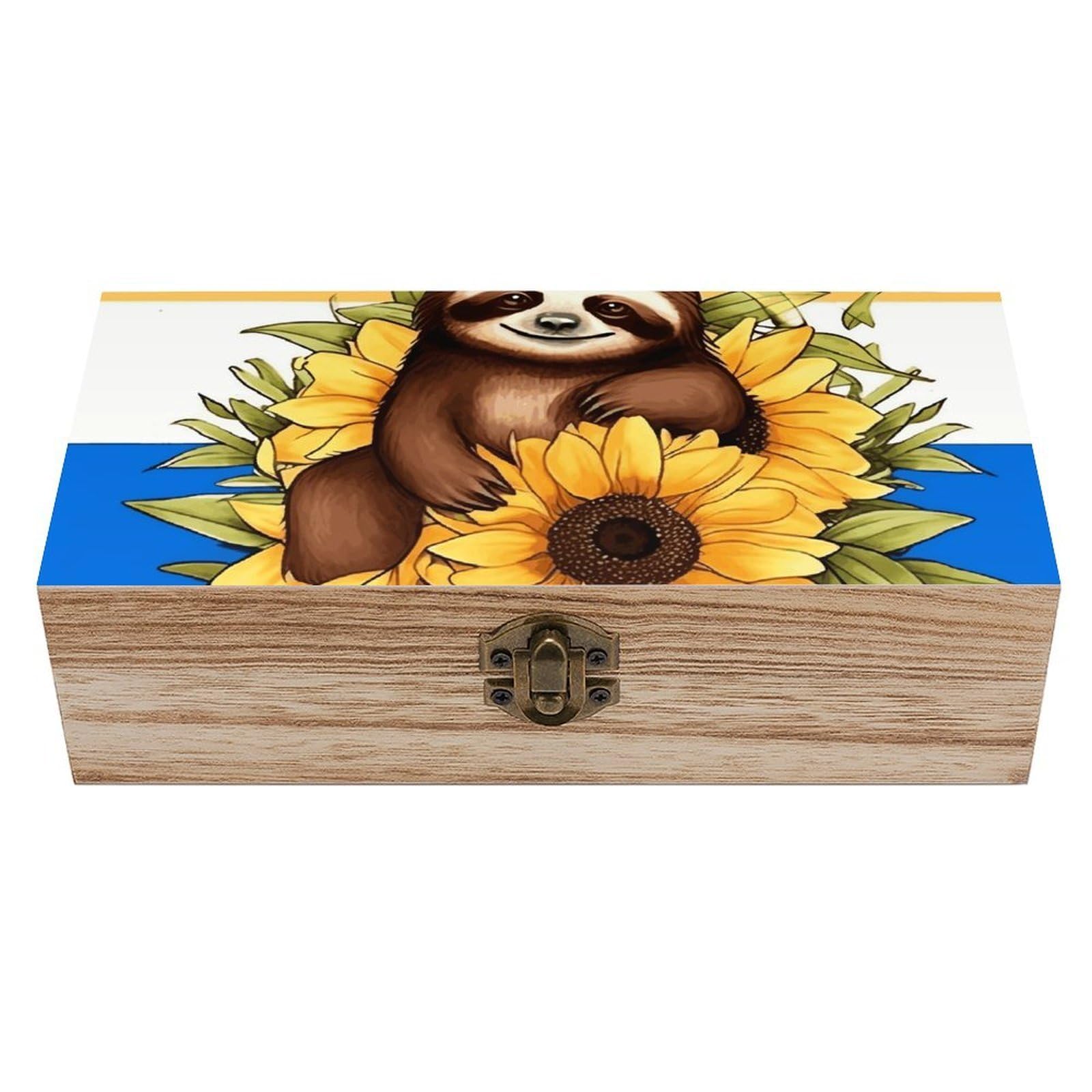 Wooden Storage Box Cartoon Sloth Sitting on Sunflower Wood Gift Box with Hinged Lid Vintage Decorative Jewelry Boxes Memory Box for Jewelry Art Hobbies Home Storage Treasure Keepsake Gift 7.9''x3.9''