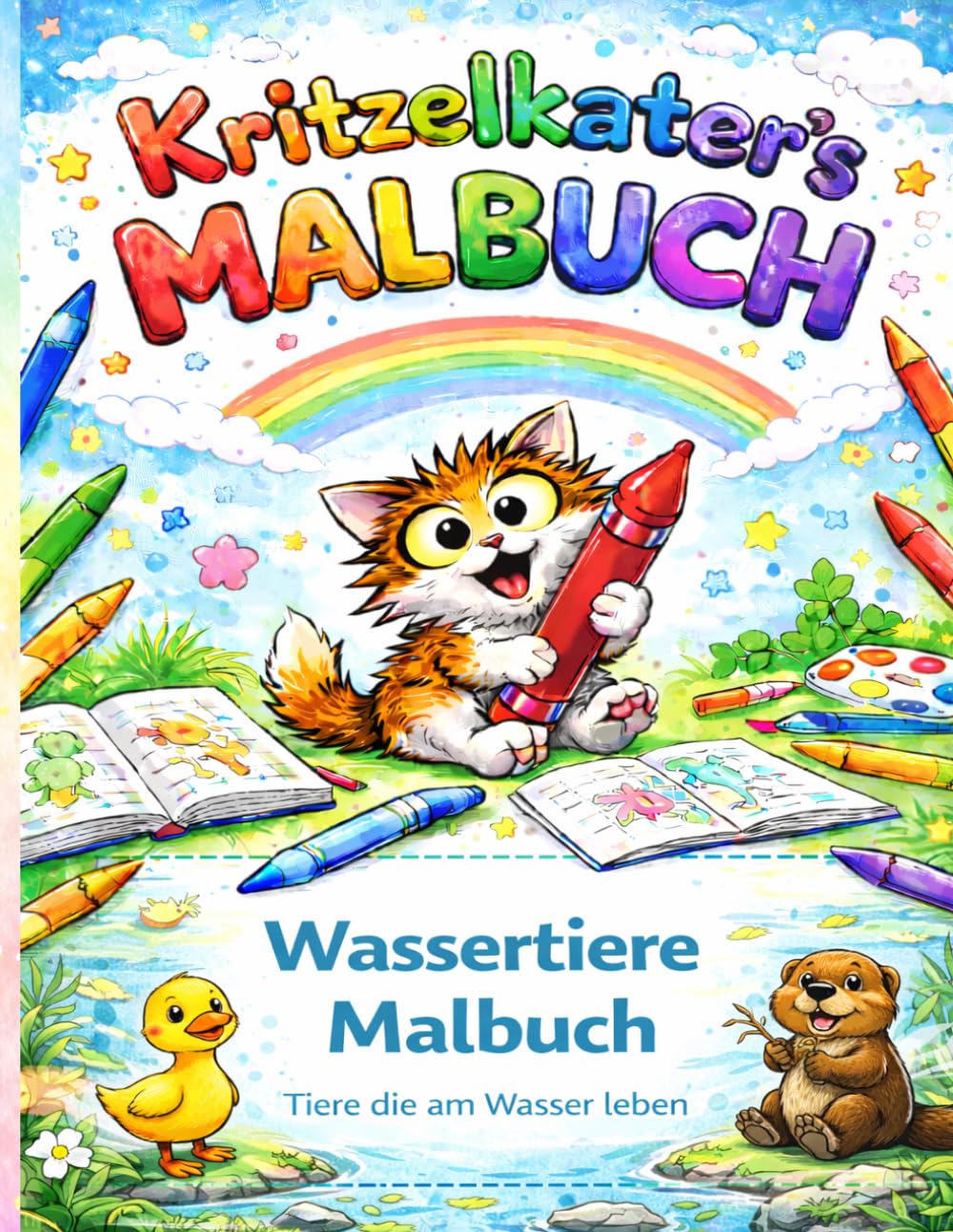 Kritzelkater Lern-Malbuch: Wassertiere: Malen, Lernen & Entdecken – Tiere am Wasser mit spannenden Fakten, Rätseln & Punkt-zu-Punkt Bildern für Kinder ab 3 Jahren