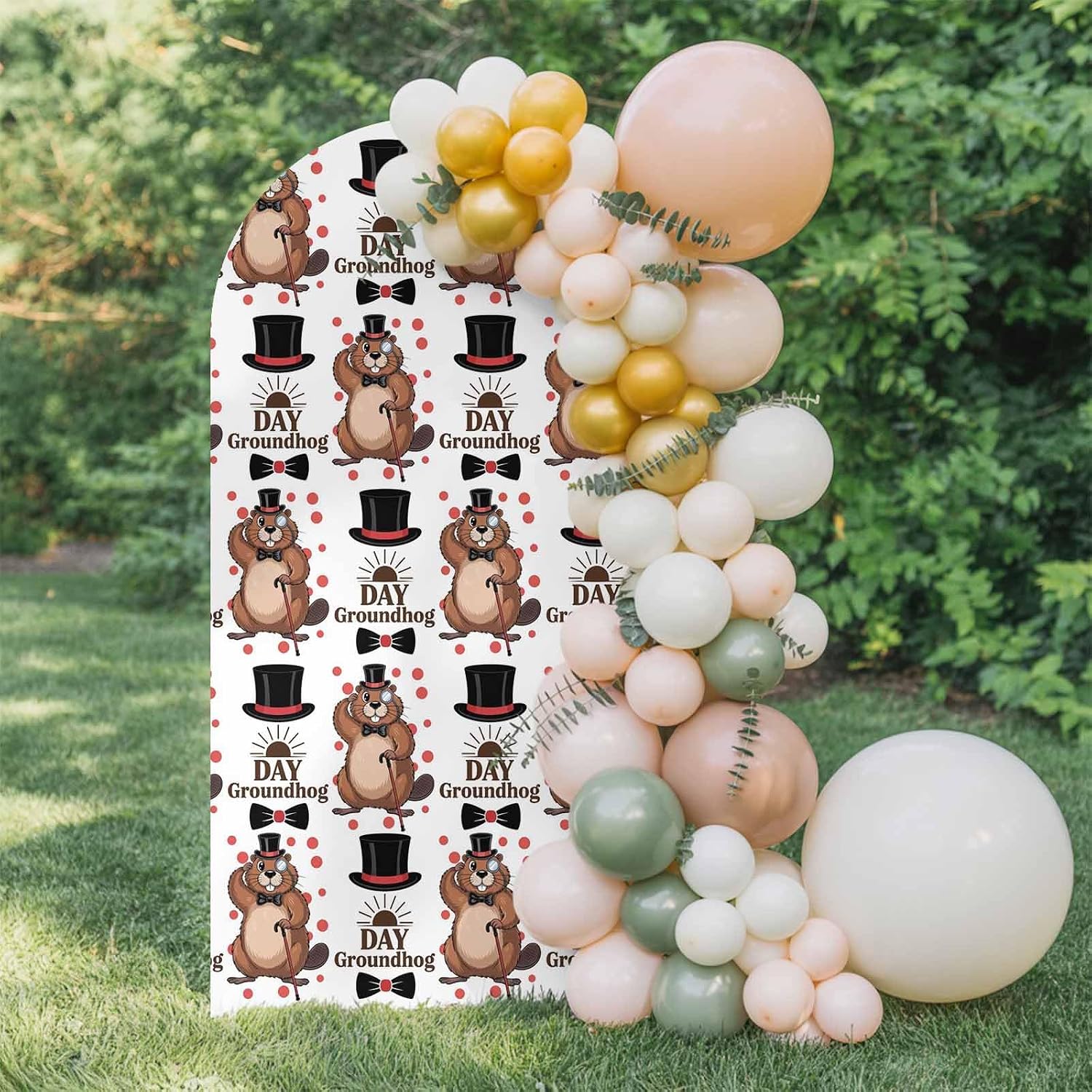 4FT Arch Backdrop Covers, Happy Groundhog Day Wedding Arch Cover Stretchy, Vintage Cartoon Black Hat Groundhog Chiara Arches Backdrop Stand Covers for Birthday Baby Shower Party Banquet Decor