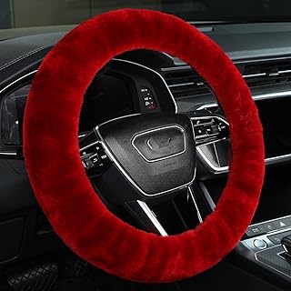 Car Steering Wheel Cover Fluffy Soft Fur Leather Car Steering Wheel Cover Universal for Women Men 14 1/2 Inch Soft Accessories (Maroon)