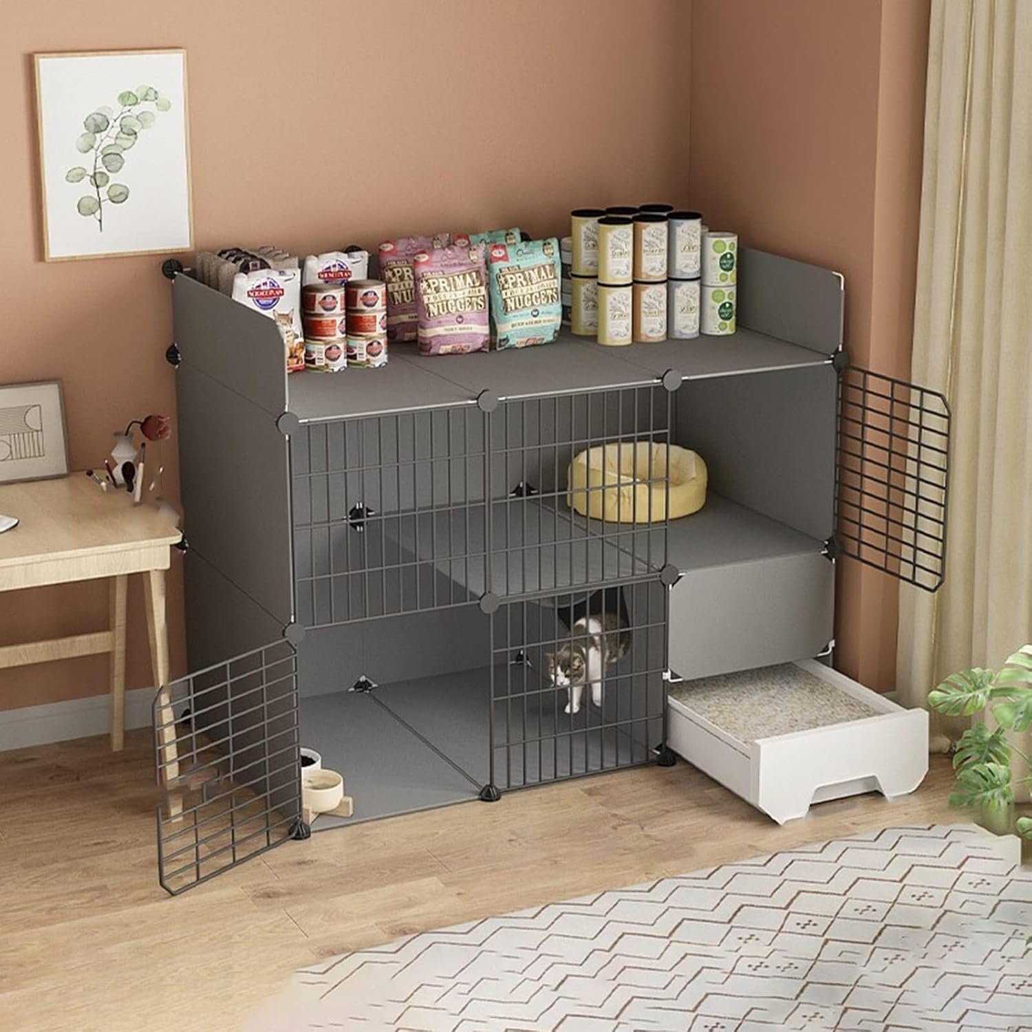 Collapsible Indoor Cat Cage with Litter Box, Portable DIY Kitten Playpen for Small Animals, Sturdy Metal Cage for 1-2 Cats(111 * 49 * 89cm-A)