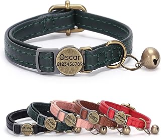 SEOUGEE Genuine Leather Cat Collar, Quick Release with Personalised Name Plate, Tear Off Kitten Collars with Removable Bell and Safety Clasp, Engraved Buckle product image