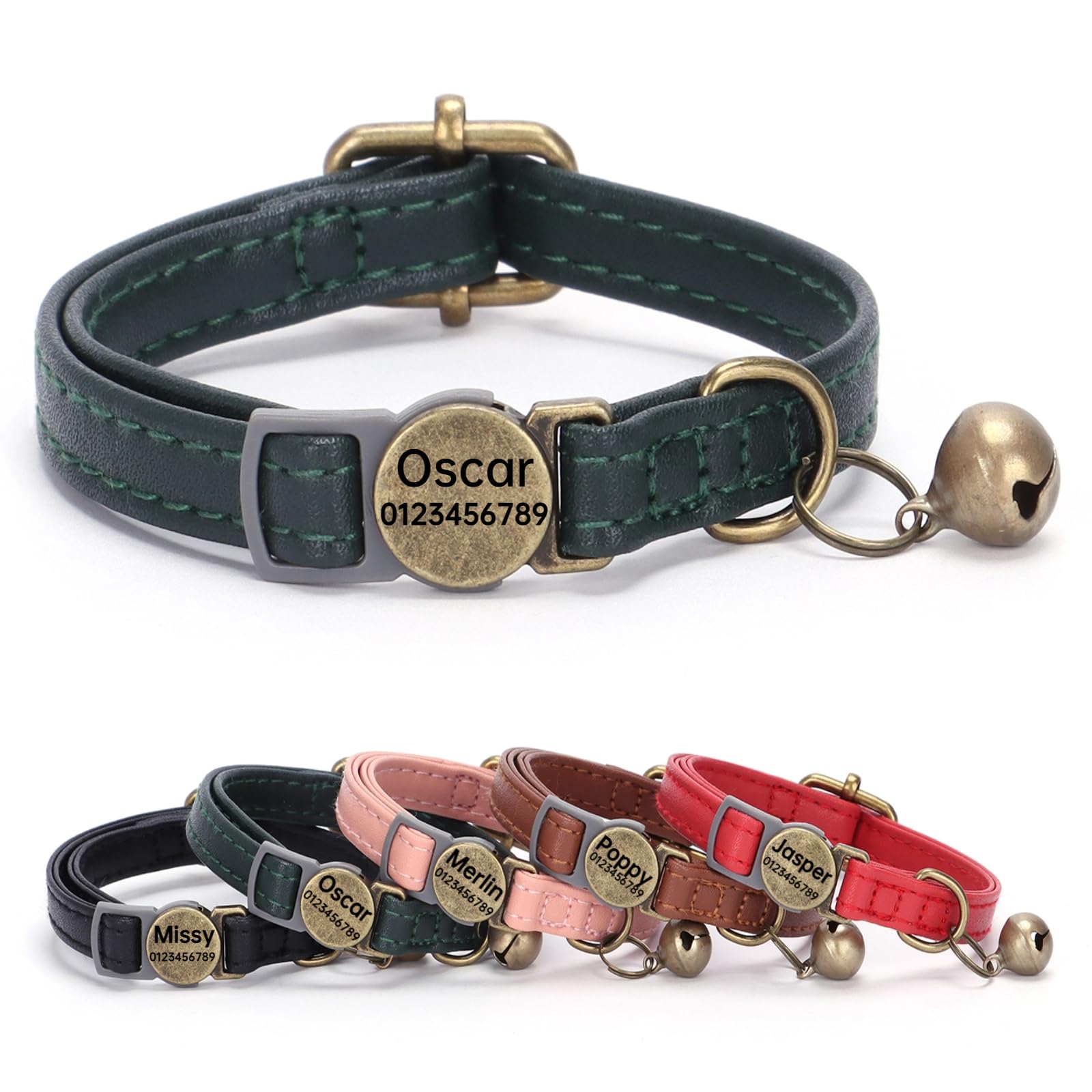 SEOUGEE Genuine Leather Cat Collar Quick Release with Personalised Name Tag, breakaway Kitten Collars with Removable Bells & Safety Release, Engraved buckle, 19-30 CM Adjustable, Vintage Green