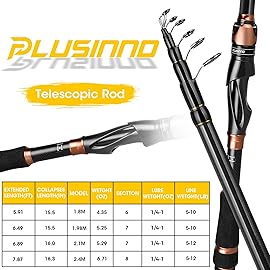 PLUSINNO Fishing Rod and Reel Combos, Bronze Warrior Toray IM6 Carbon Matrix Telescopic Fishing Rod Pole, 12 +1 Shielded Bearings Stainless Steel BB Spinning Reel, Travel Freshwater Fishing Gear